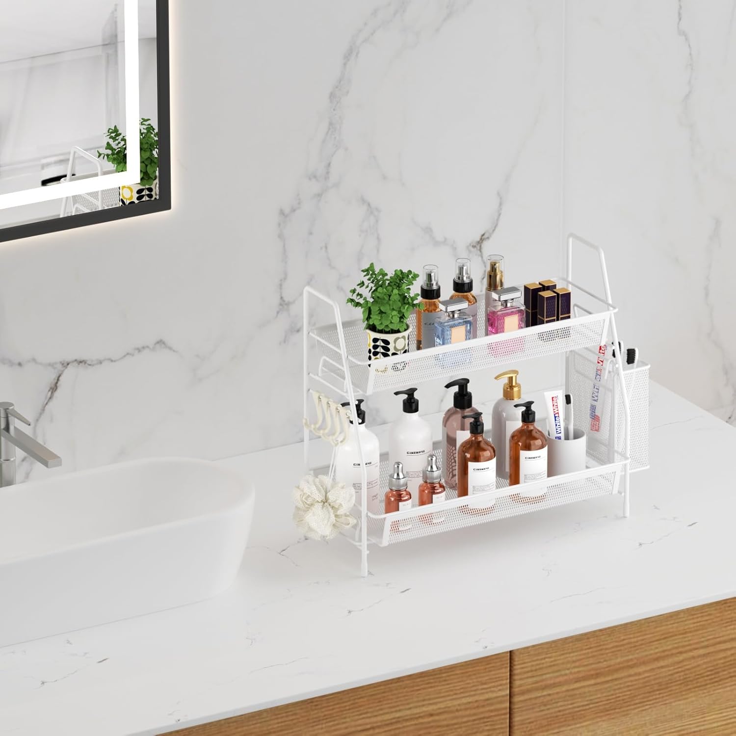 2-Tier Bathroom Organizer Countertop, Metal Wire Mesh Bathroom Counter Organizer Storage with Basket Hooks, Vanity Tray Shelf, Kitchen Spice Rack, White