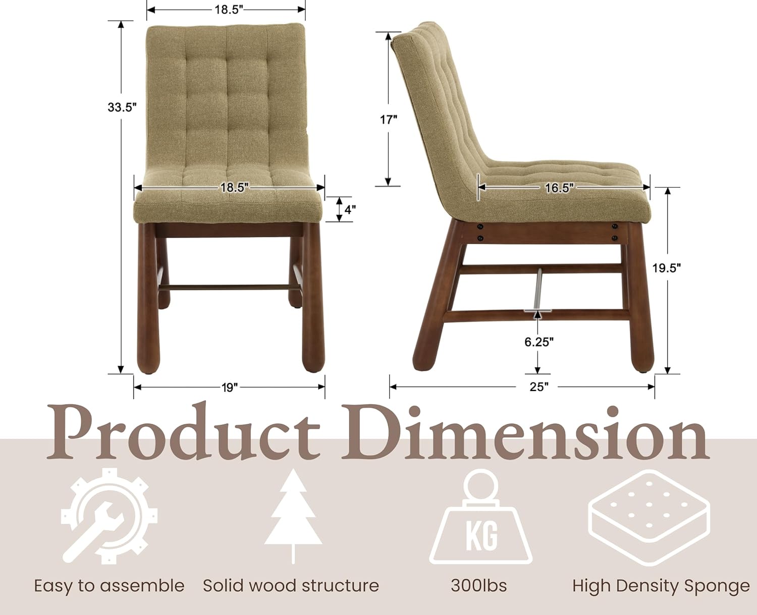 Upholstered Tufted Dining Chairs Set of 4 Mid Century Modern Fabric Kitchen Chairs with Walnut Wood Legs/Comfy Linen Backs Armless Accent Side Chair