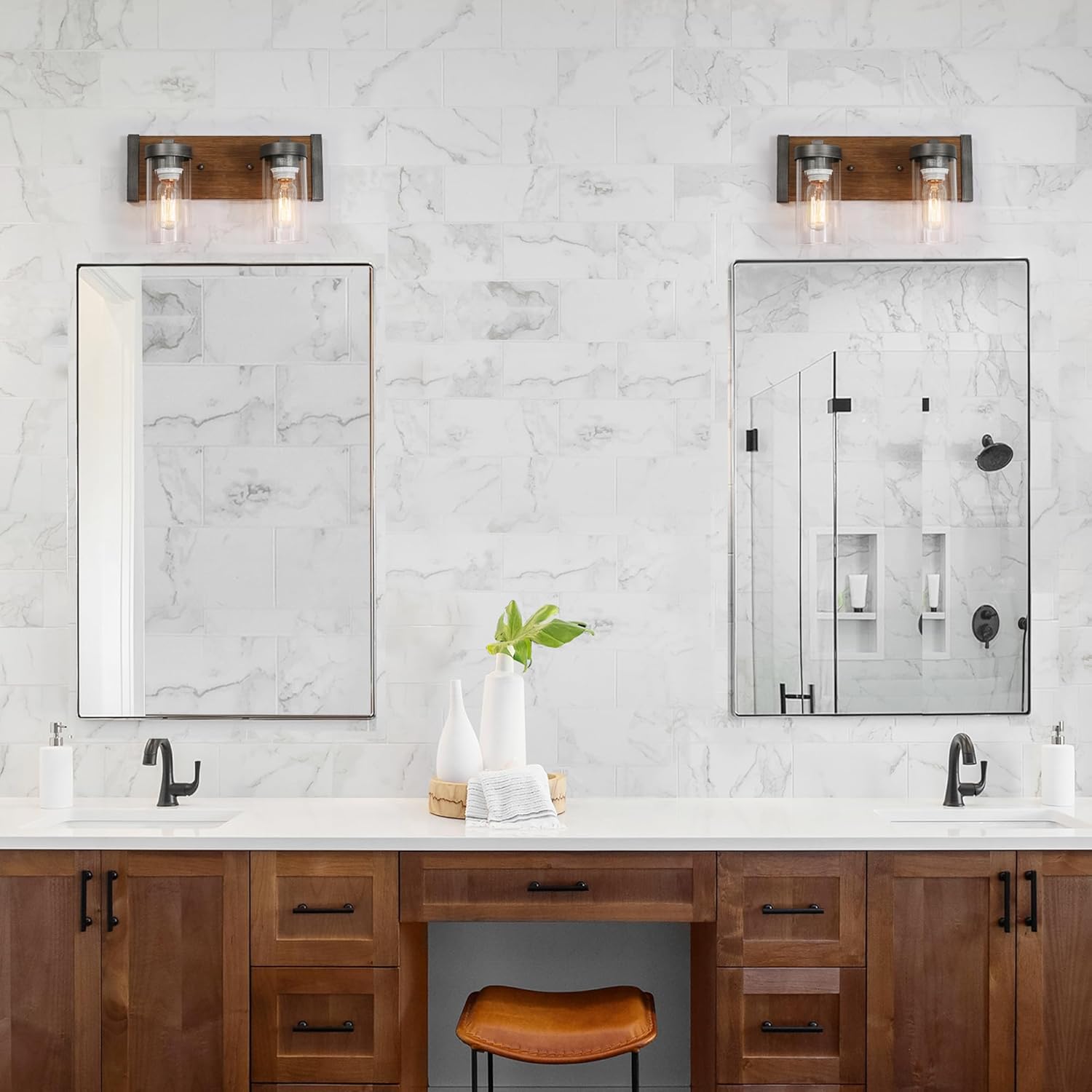 2 Light Farmhouse Vanity Lights for Bathroom with Clear Textured Glass Lampshade