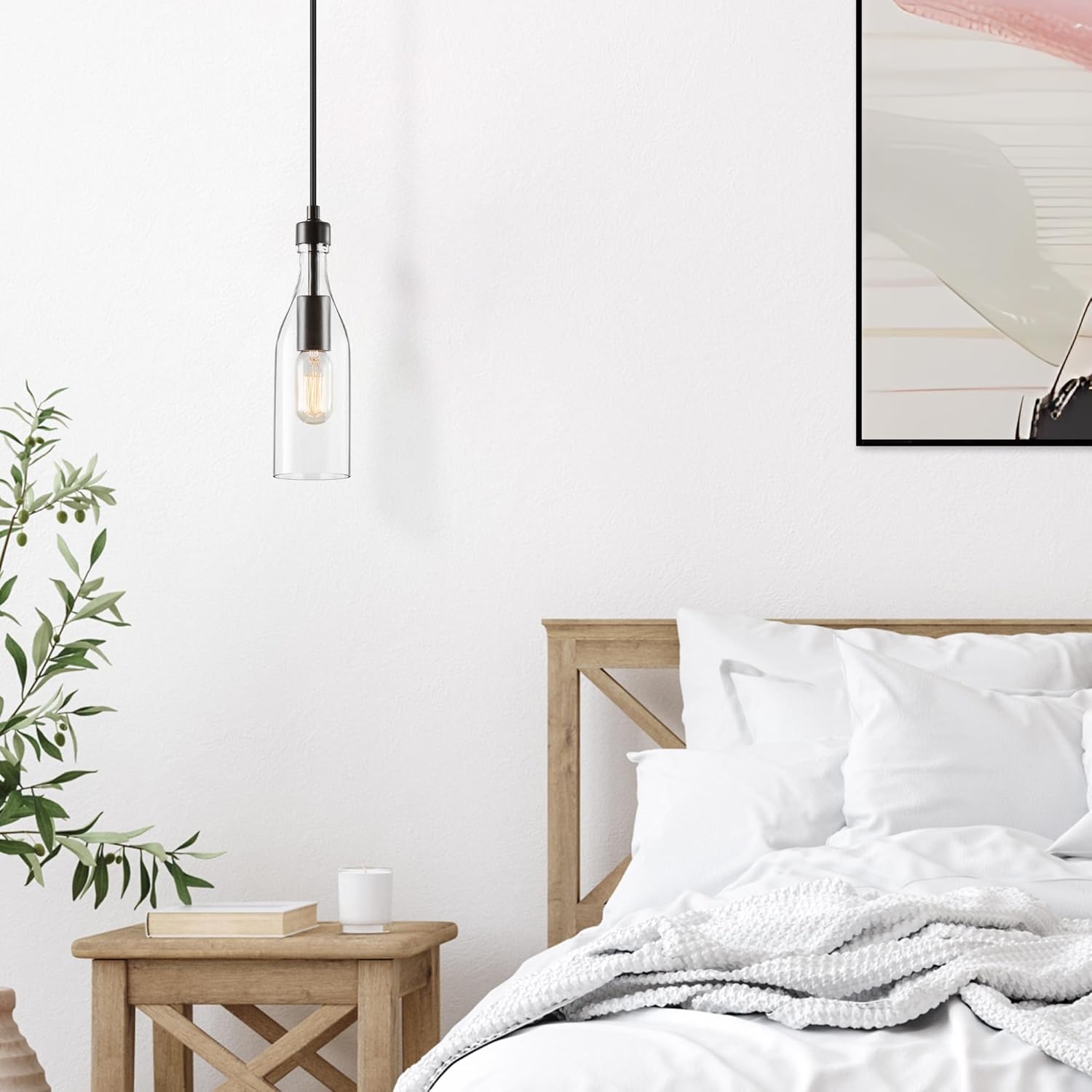 Farmhouse Glass Pendant Light Fixtures, Modern Industrial Hanging Pendant Lighting with Faux-Wood Finish for Kitchen Island