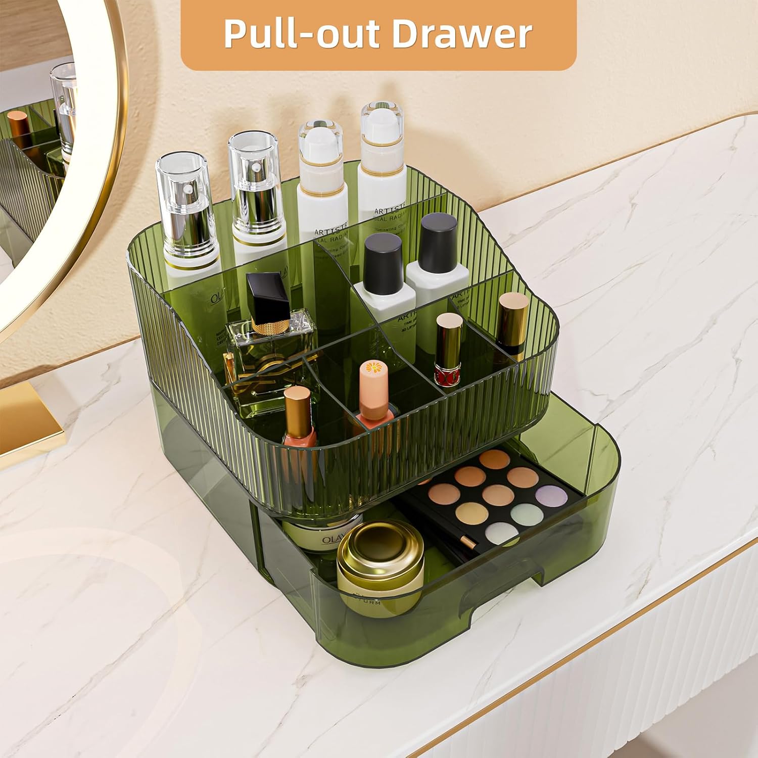 Makeup Organizer Countertop for Vanity, Stackable Dresser Make up Organizer with Drawers, Dark Green Plastic Bathroom Cosmetics Skincare Organizer for Perfume, Lipstick, Lotion