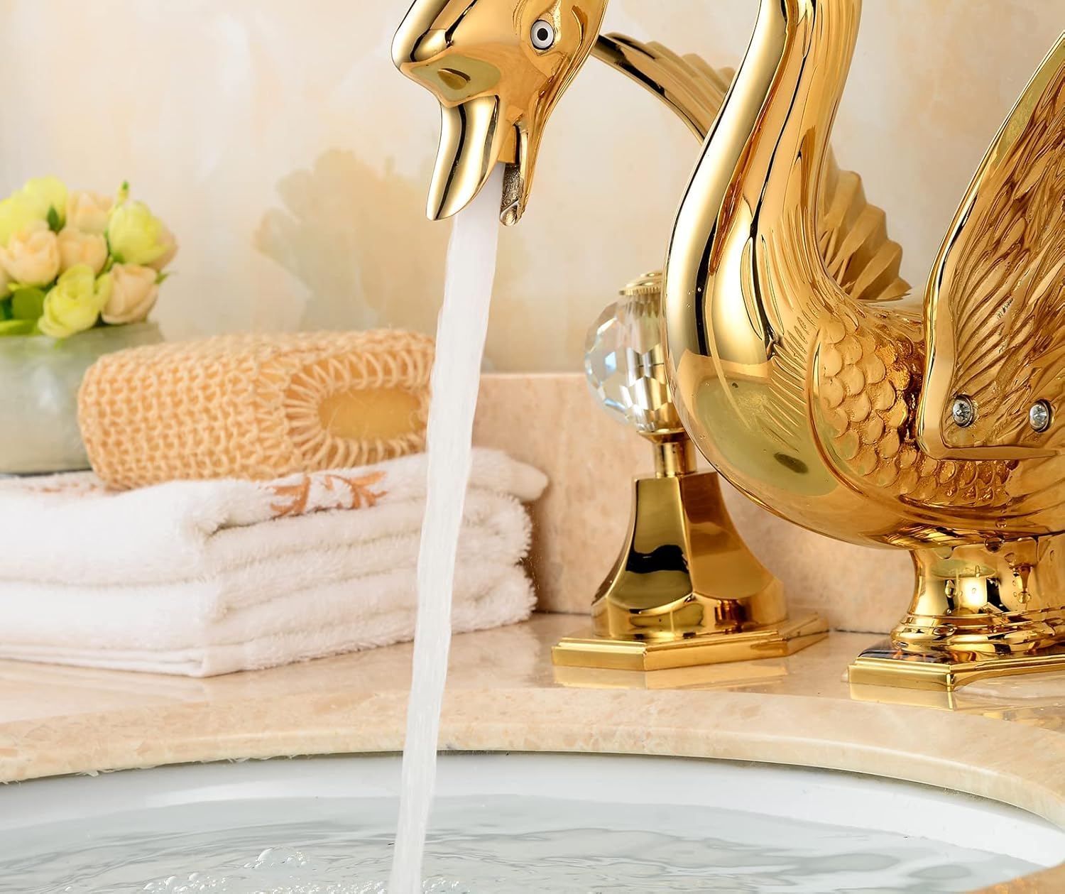Widespread Bathroom Faucet Swan Design Gold Two Handles 3 Holes 8-16 Inch Bathroom Sink Faucet Lavatory Mixer Tap with Water Supply Hose Deck Mount Bathtub
