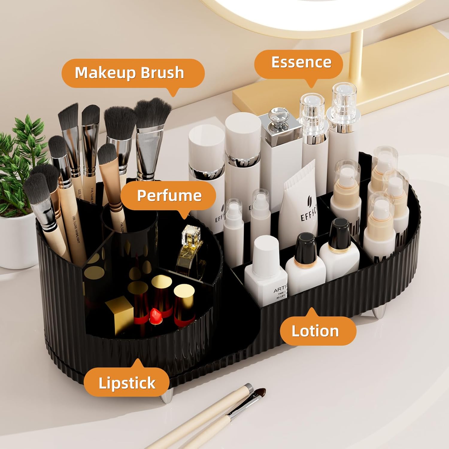 Makeup Organizer Countertop for Vanity, 360 Rotating Cosmetic Makeup Brush Holder Storage, Plastic Large Skincare Display Case Organizer for Lotion, Lipsticks, Perfume (black)