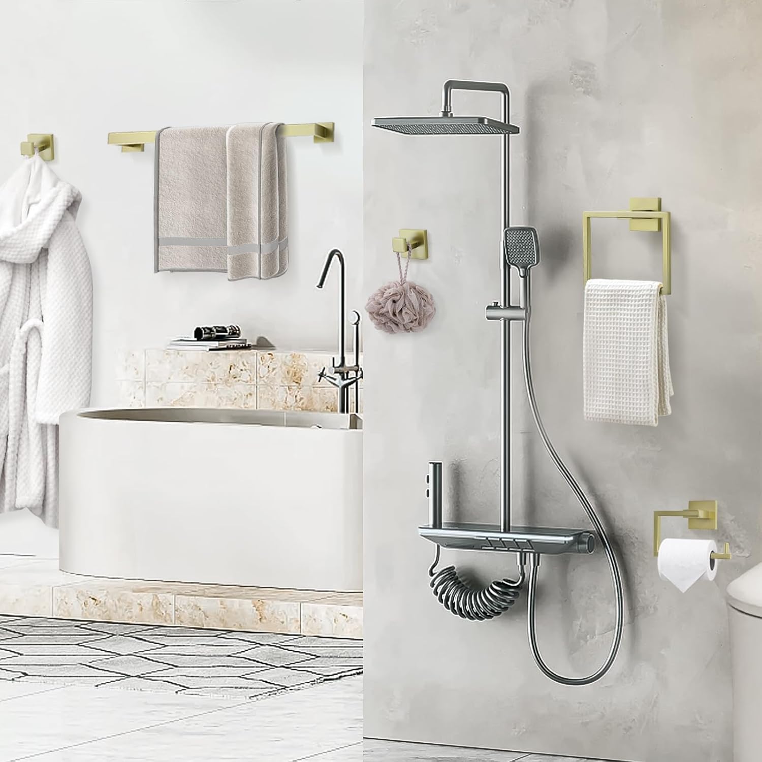 5 Piece Towel Holder for Bathroom Wall, Brushed Gold Bathroom Accessories Set Bathroom Hardware Set, Square SUS304 Stainless Steel 23.6 inch Bath Towel Bar Set, Bath Towel Holder Mounted