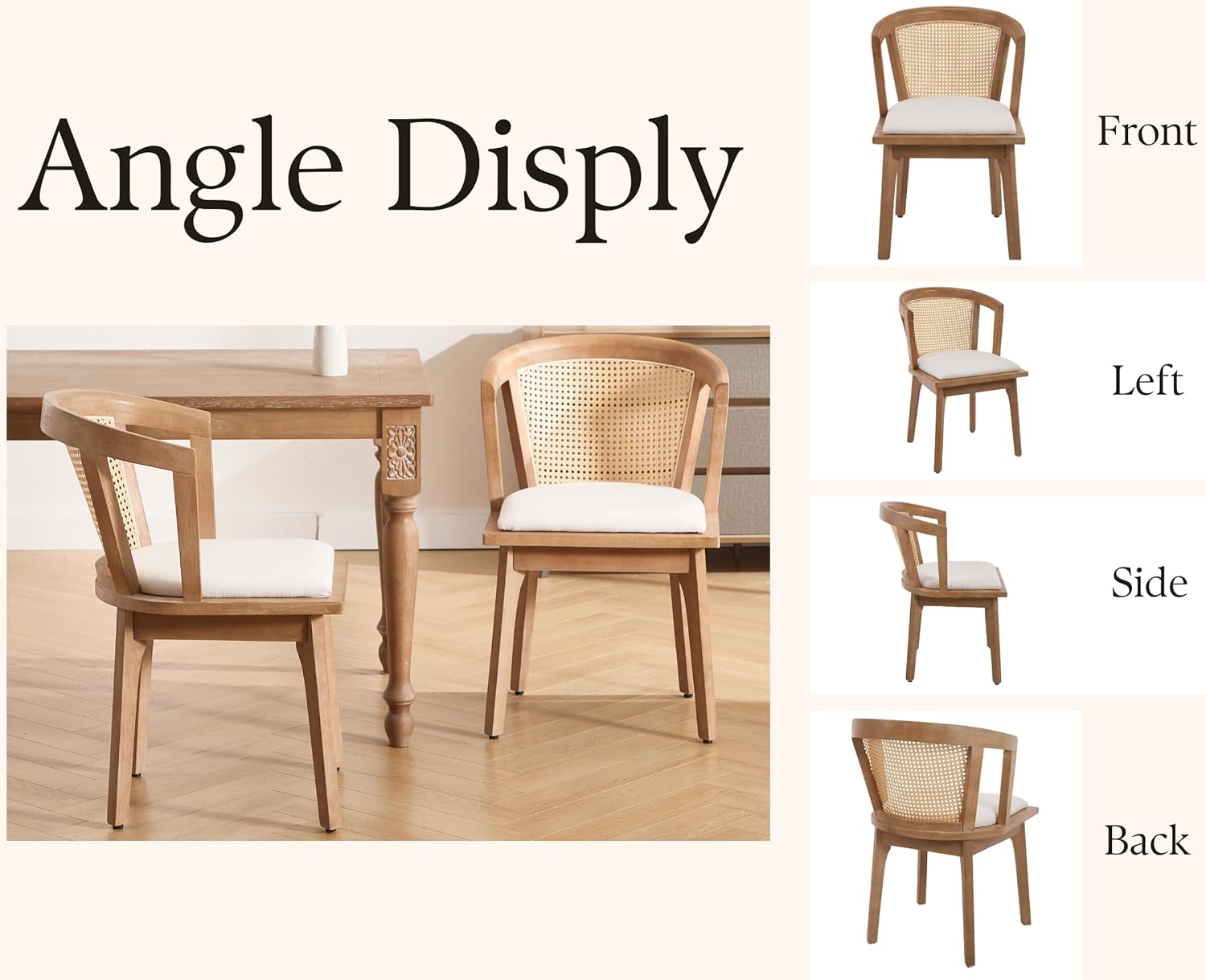 Modern Farmhouse Wooden Dining Room Chairs with Cane Curved Back Leather Upholstered Comfortable Kitchen Side Chairs for Restaurant