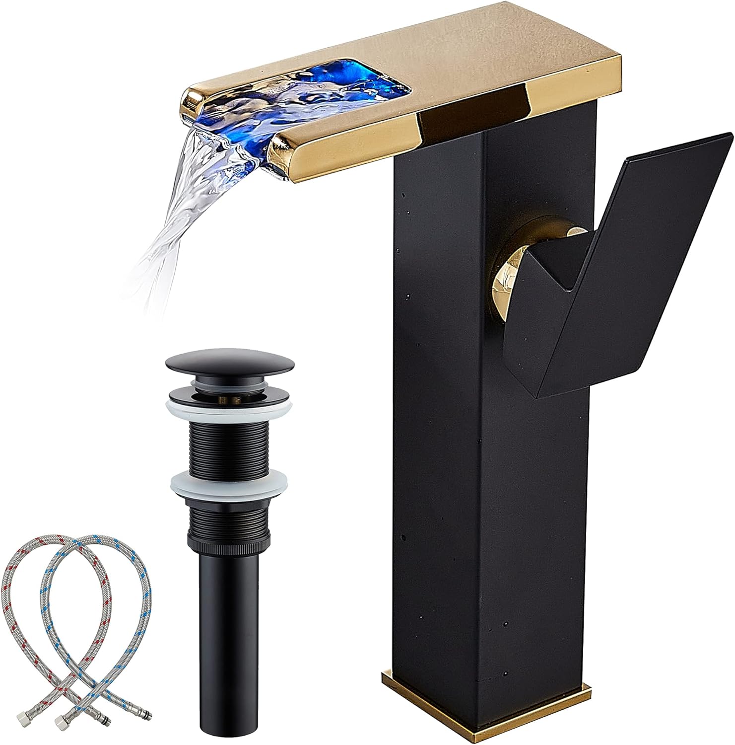 Vessel Sink Faucet Waterfall Gold Black Lavatory Single Hole with Pop Up Drain Without Overflow and Supply Lines Bathroom Faucets Bowl Sink One Handle Faucets Bath Tap Lead-Free