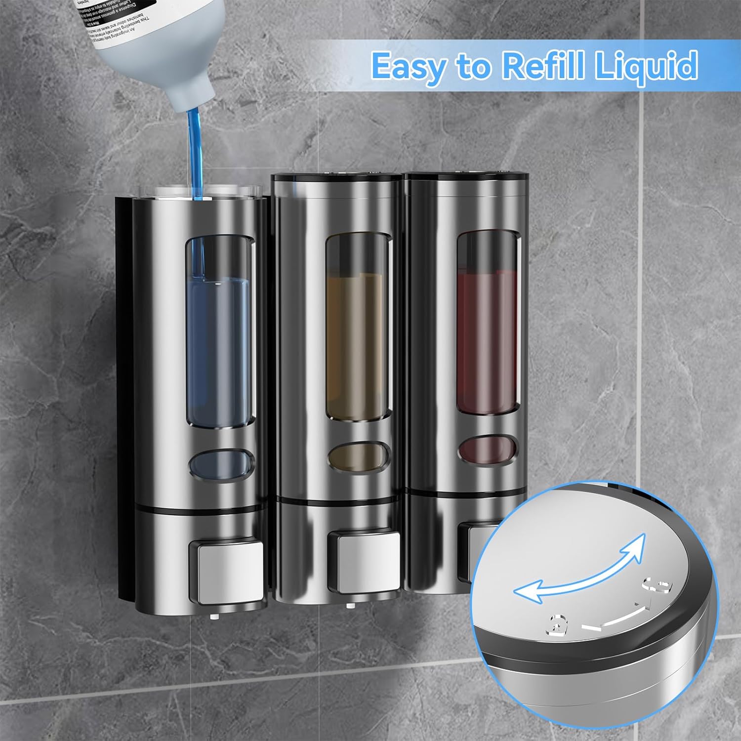 Shampoo and Conditioner Dispenser for Shower, Bathroom Shower Shampoo Soap Dispenser 3 Chamber No Drill, Refillable 10.2 OZ Body Wash Dispenser Bottles Wall Mounted Set, Silver