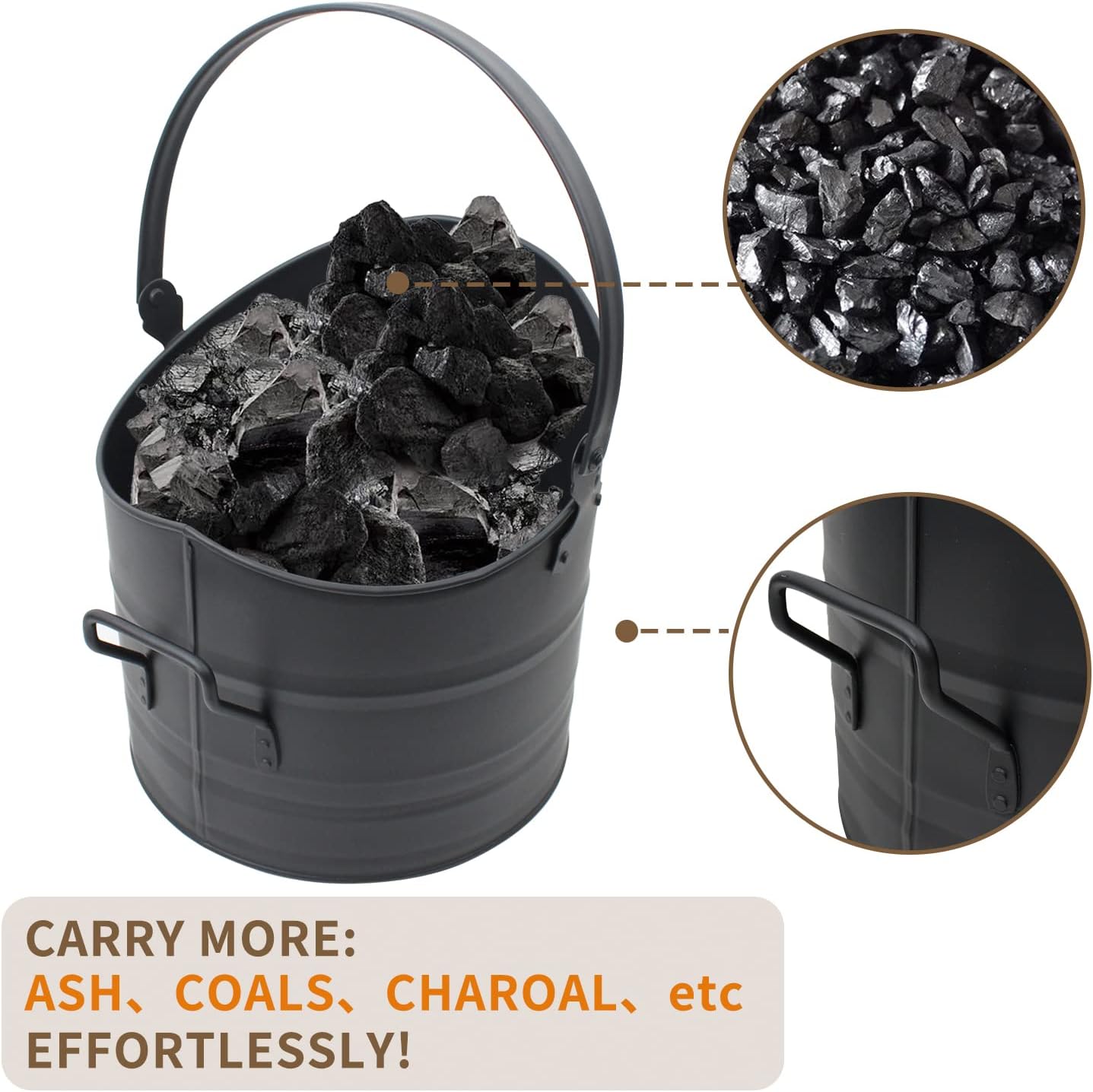 Ash Bucket for Fireplace, 2.6 Gallon Metal Fireplace Bucket for Ashes, Includes Shovel, Broom and Gloves for Wood Stove, Fireplace and Fire Pit