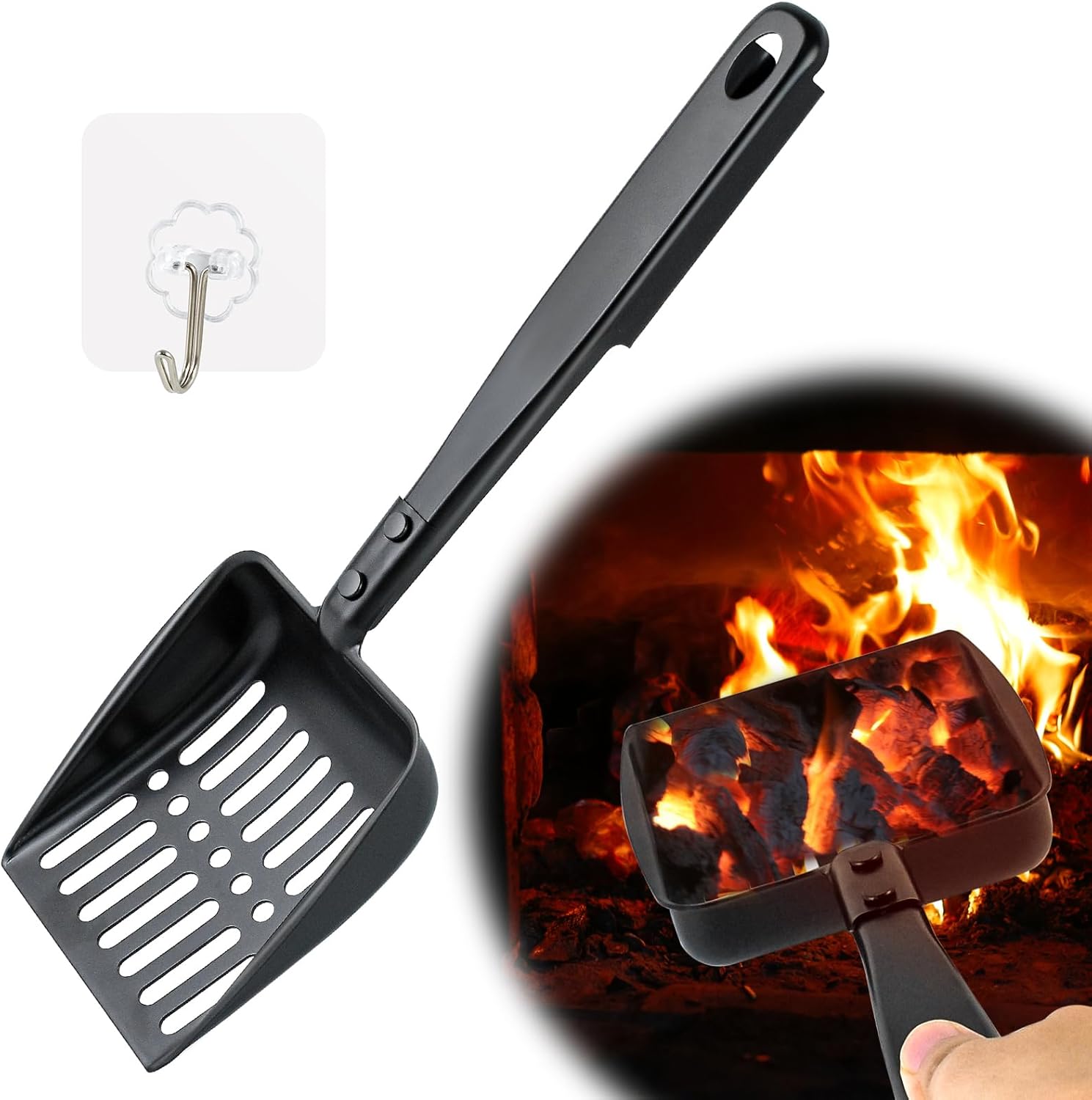 13 Inch Hollow Out Fireplace Ash Sifter Metal Black Coal Shovel Heat Resistant Fireplace Scoop Charcoal Shovel Fireplace Tools with Self-Adhesive Hook