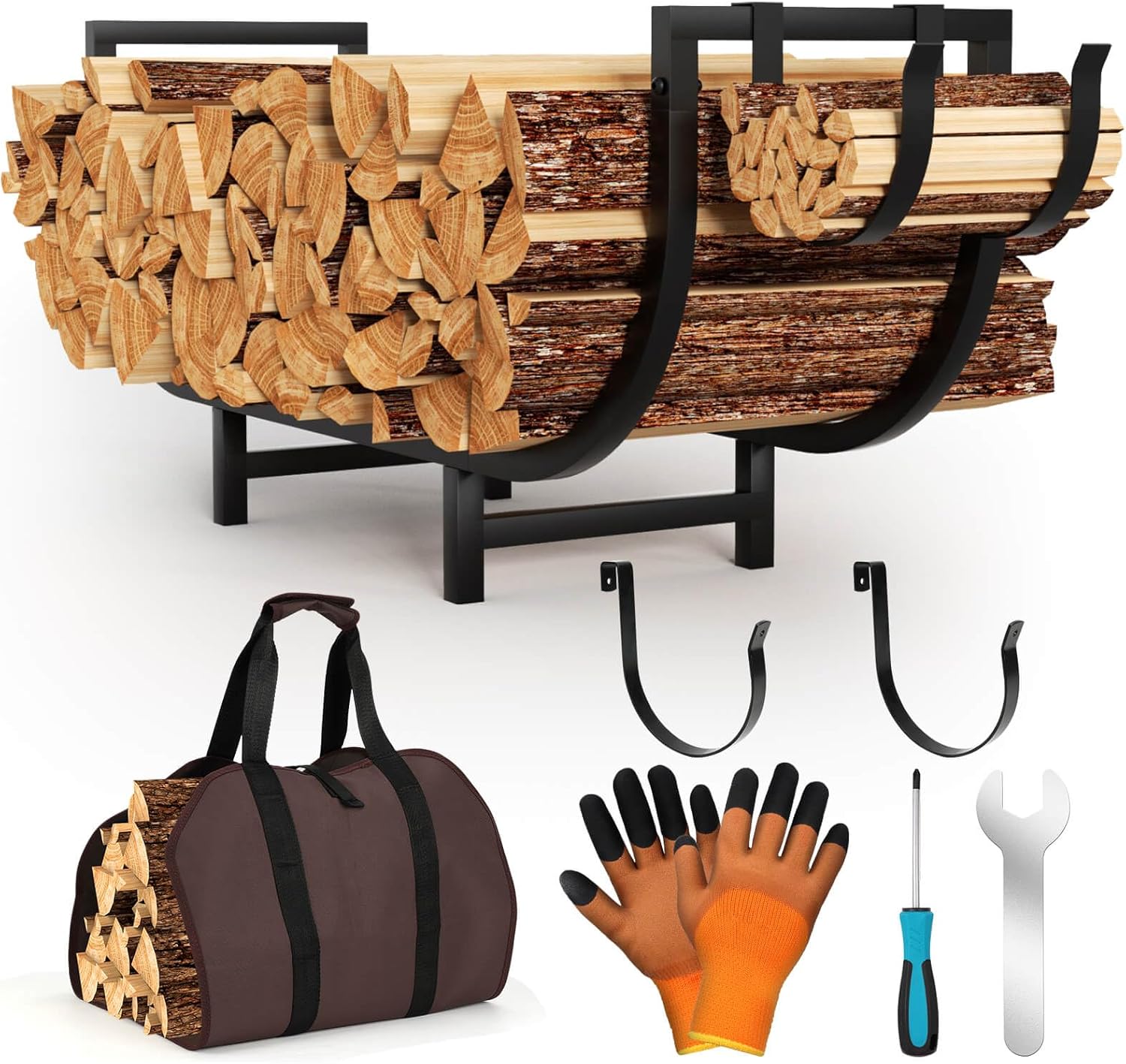 35 Inch Firewood Rack Indoor Outdoor with Firewood Carrier, Metal Small Indoor Wood Rack,Heavy Duty Firewood Holder with Kindling Hooks, Sturdy Fireplace Log Holder