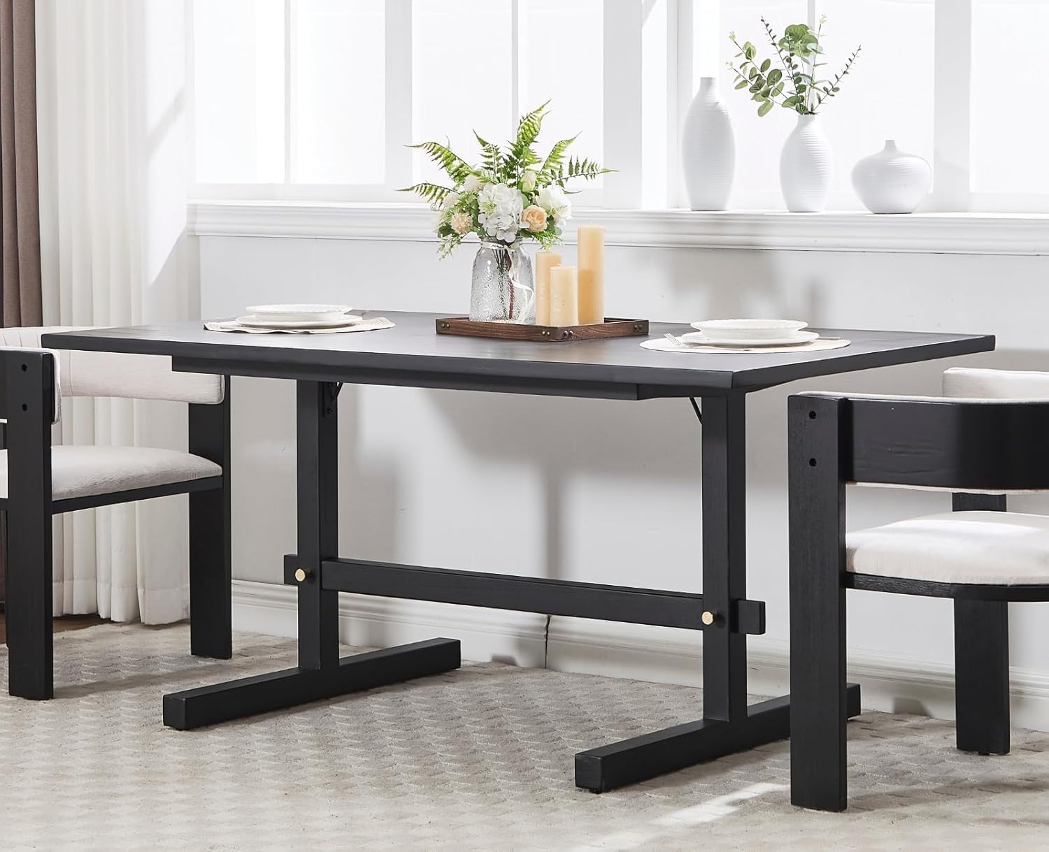 Dining Table for 4 to 6 People Farmhouse Kitchen Table with Solid Wood 63 Inch Rustic Large Rectangle Table