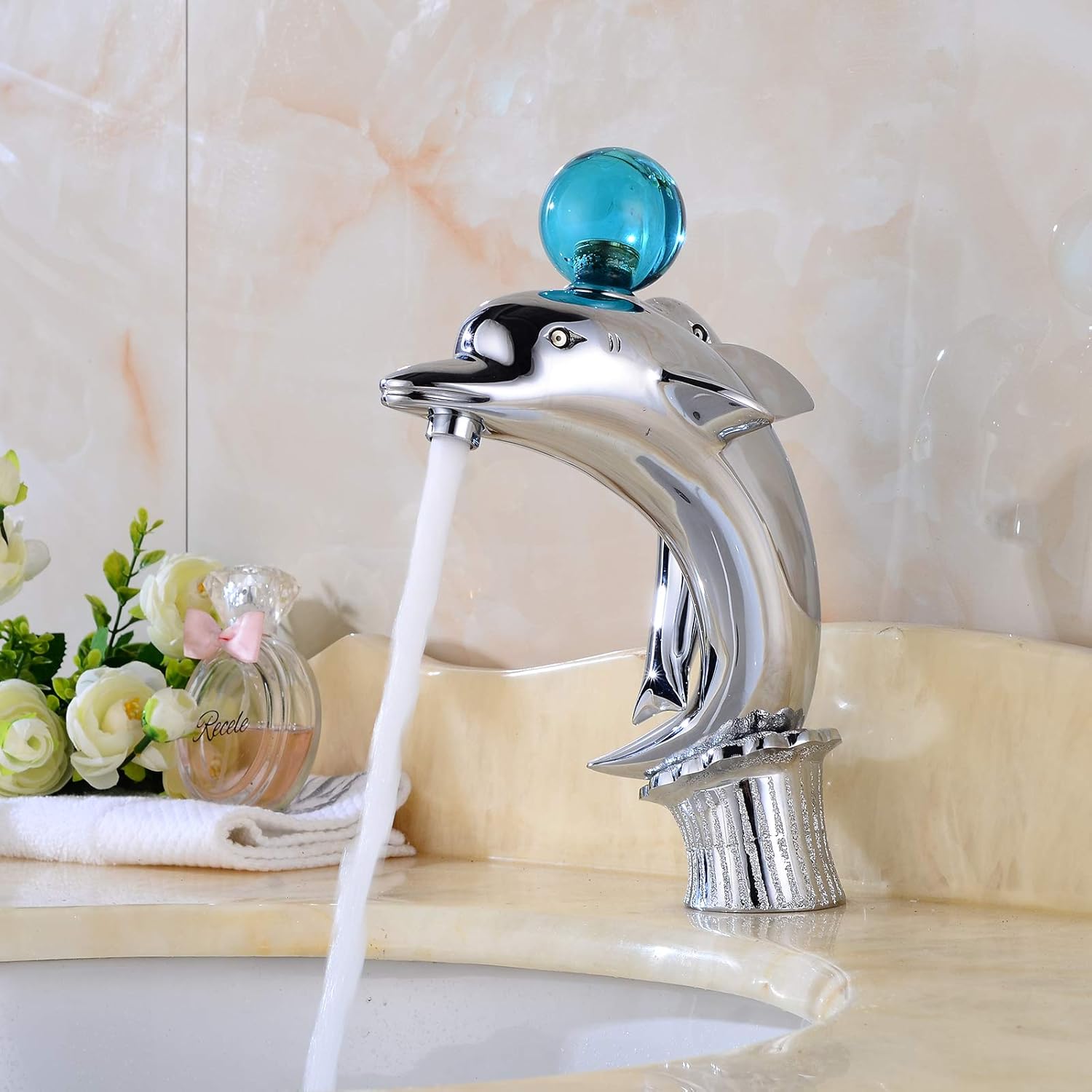 Bathroom Faucet Dolphin Design with Crystal Handle Chrome Solid Brass One Hole Bathroom Sink Faucet Vanity Basin Faucet Commercial