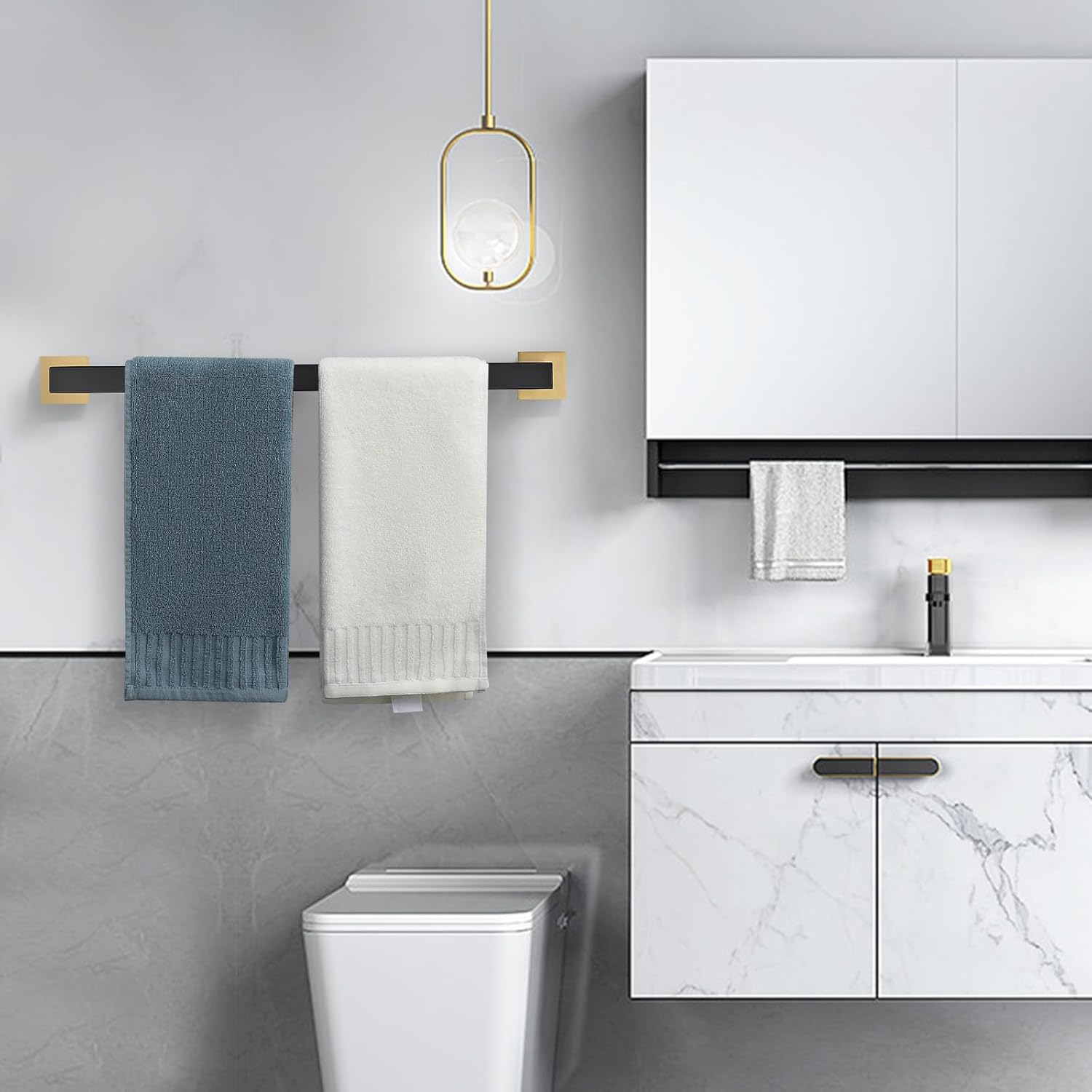 Bathroom Towel Bar, 23.6 Inch Black & Gold Towel Rack, SUS304 Stainless Steel Bathroom Accessories, Square Hand Towel Holder for Bathroom Kitchen Wall Mounted