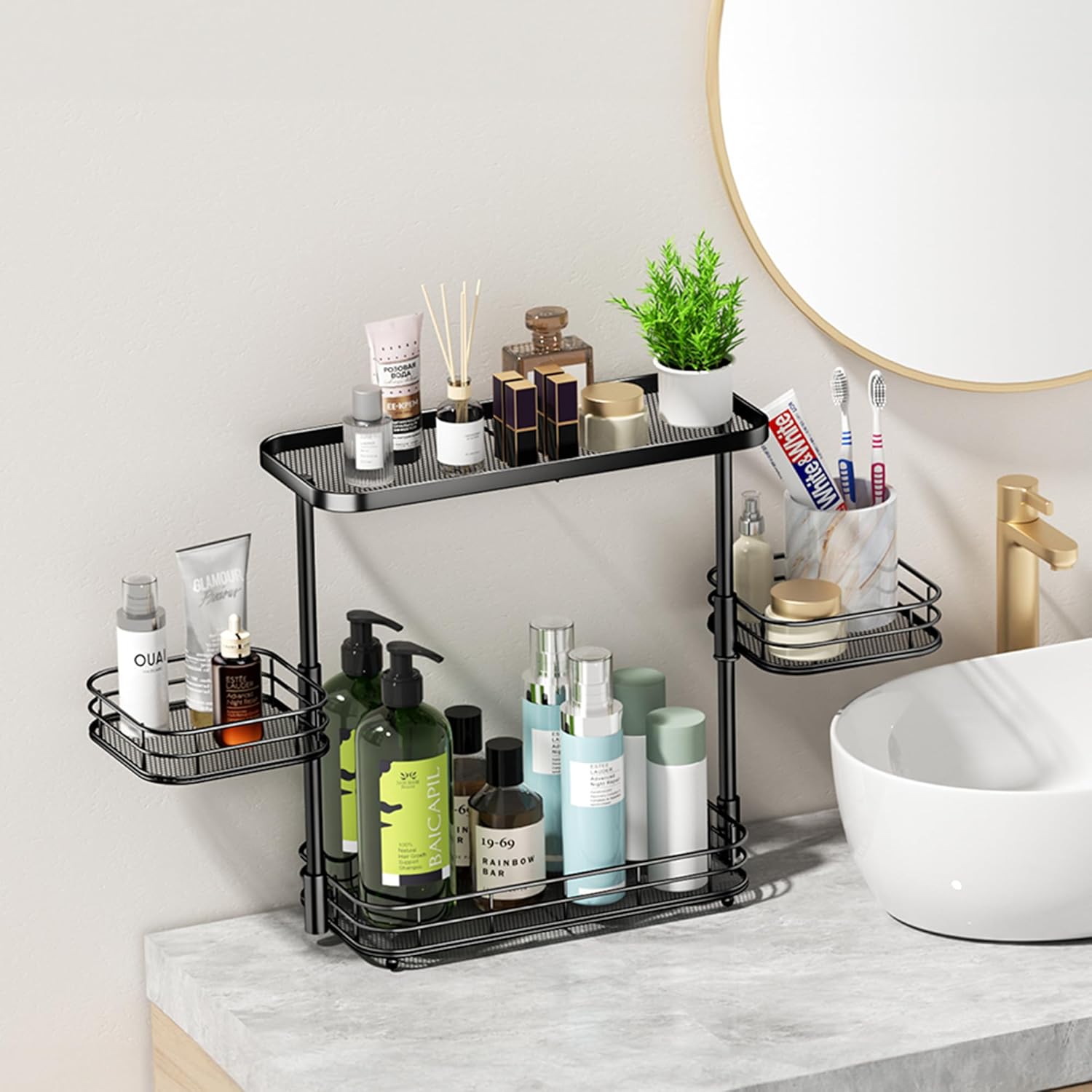 3 Tier Bathroom Organizer Countertop, Metal Wire Bathroom Counter Vanity Organizer Storage, Mesh Bathroom Sink Kitchen Shelf Rack with 360 Rotating Basket, Black
