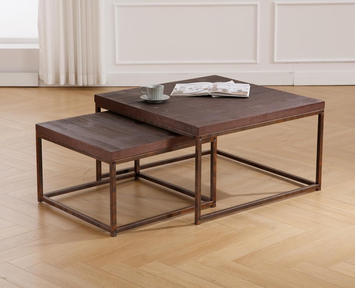 Nesting Coffe Table Set of 2 Industrial Square End Table Modern Stacking Side Tables with Wooden Tabletop and Metal Base Living Room Accent Tables