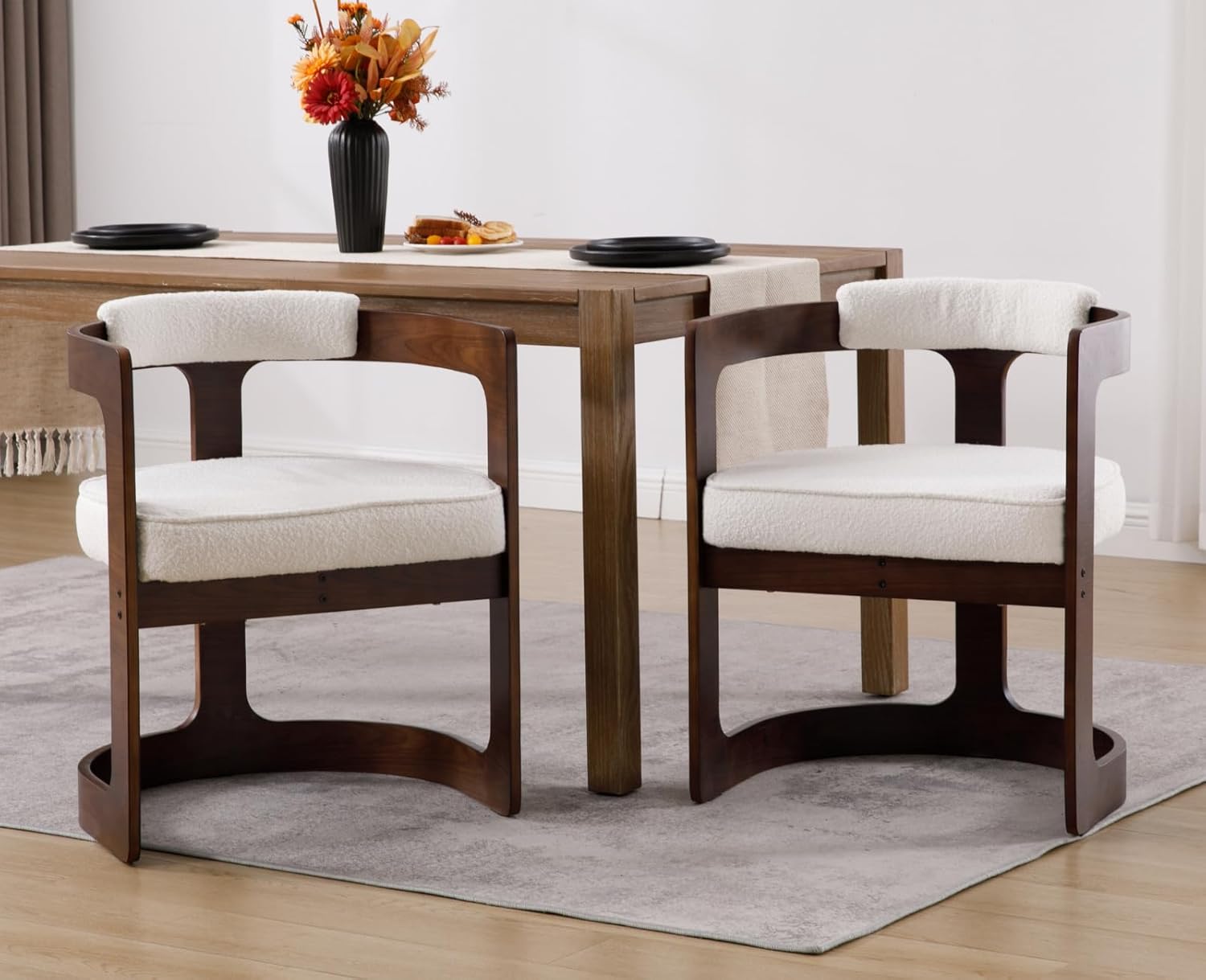 Modern Barrel Dining Chair Linen Upholstered Accent Chair with Arm Comfy Dining Room Chair with Black Wood Frame