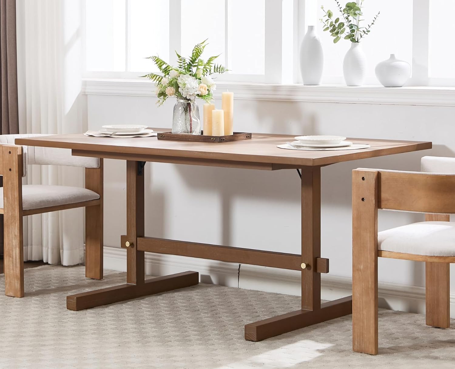 Dining Table for 4 to 6 People Farmhouse Kitchen Table with Solid Wood 63 Inch Rustic Large Rectangle Table