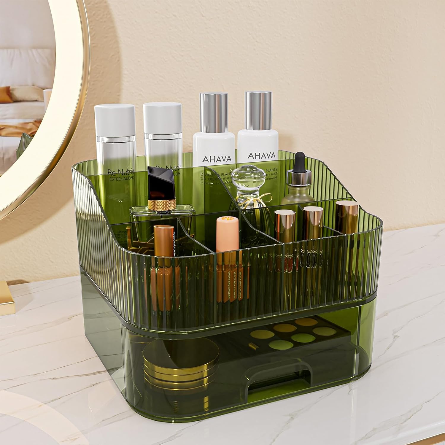 Makeup Organizer Countertop for Vanity, Stackable Dresser Make up Organizer with Drawers, Dark Green Plastic Bathroom Cosmetics Skincare Organizer for Perfume, Lipstick, Lotion