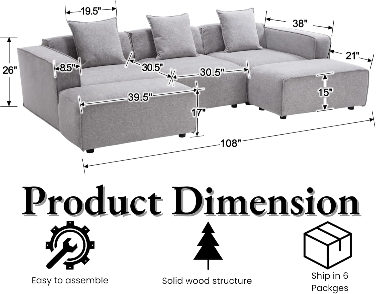 Oversized Modular Sectional Sofa Couch U Shaped Sleeper Couch with Ottoman Chenille Upholstered Deep Seat Couch Modern 3-Seater Convertible Sofa