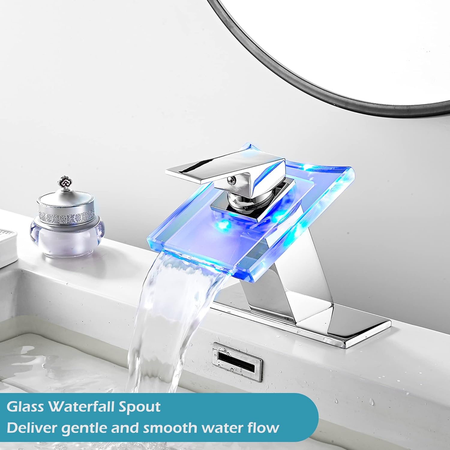 Bathroom Waterfall Faucet Chrome LED Glass Spout with Overflow Drain Stopper Single Handle One Hole Modern Design Bath Basin Tap 3 Color Changing Battery Powered Lavatory Vanity Sink Deck Mount