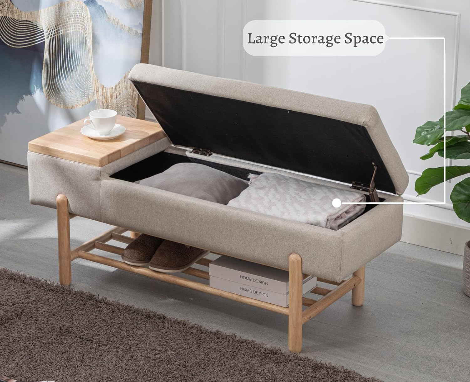 Modern Storage Bench for Bedroom End of Bed Sherpa Upholstered Ottoman Bench with Storage and Wood Shoe Rack Farmhouse Long Seating Bench