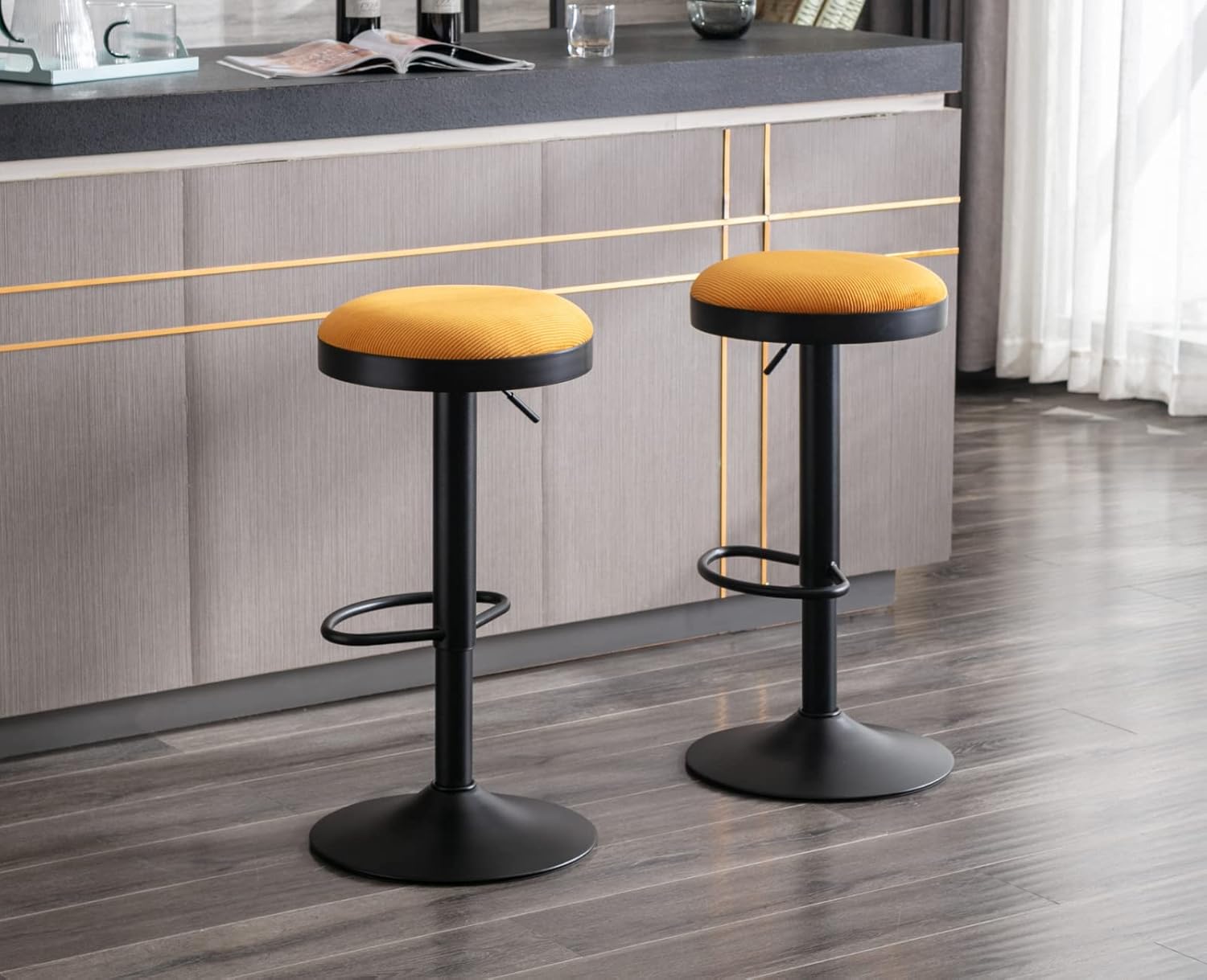 Modern Swivel Bar Stools Set of 3 Adjustable Counter Height Backless Barstools with Metal Base Fabric Upholstered Round Bar Stool Chairs