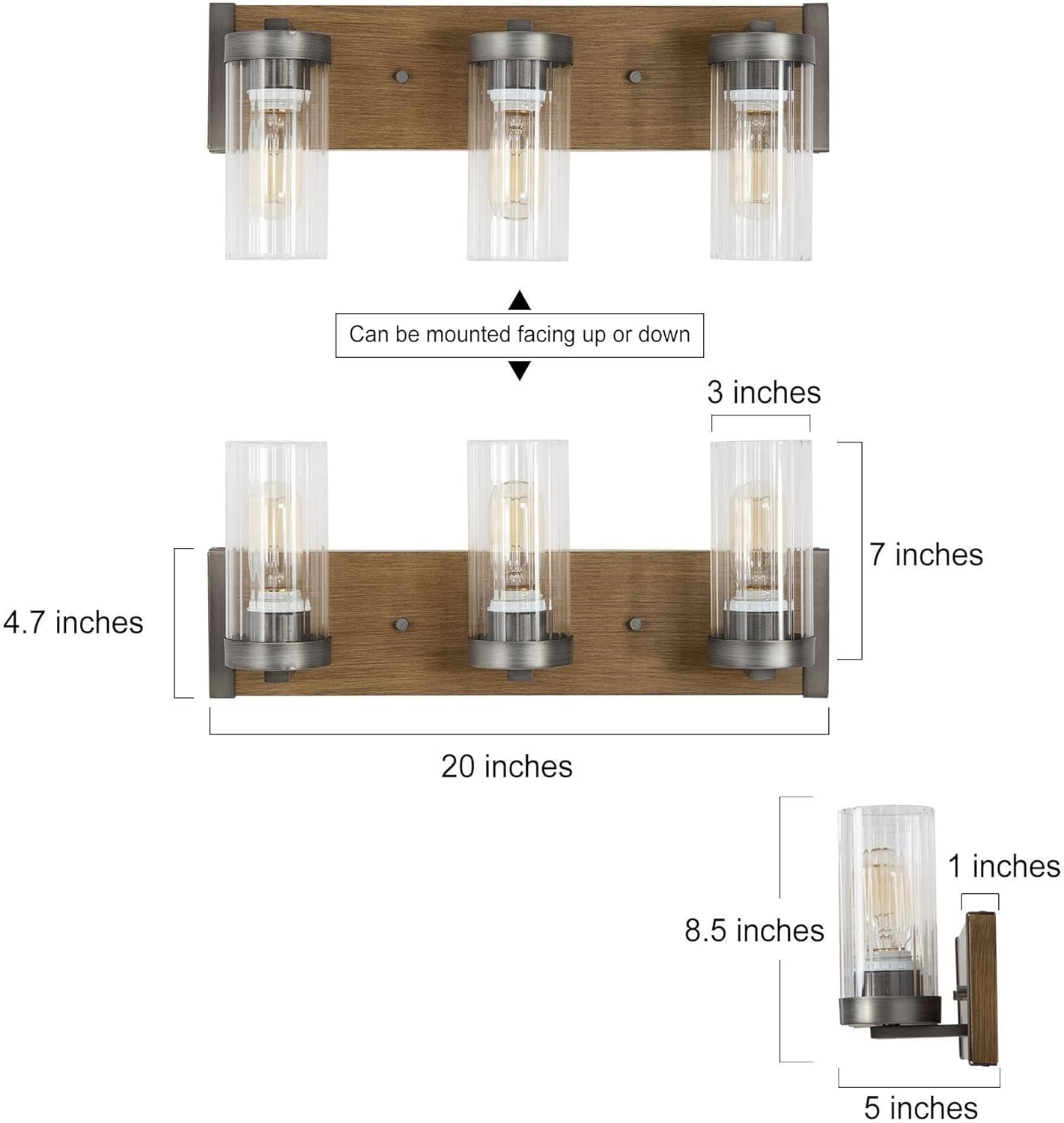 3 Light Farmhouse Vanity Lights for Bathroom with Clear Textured Glass Lampshade