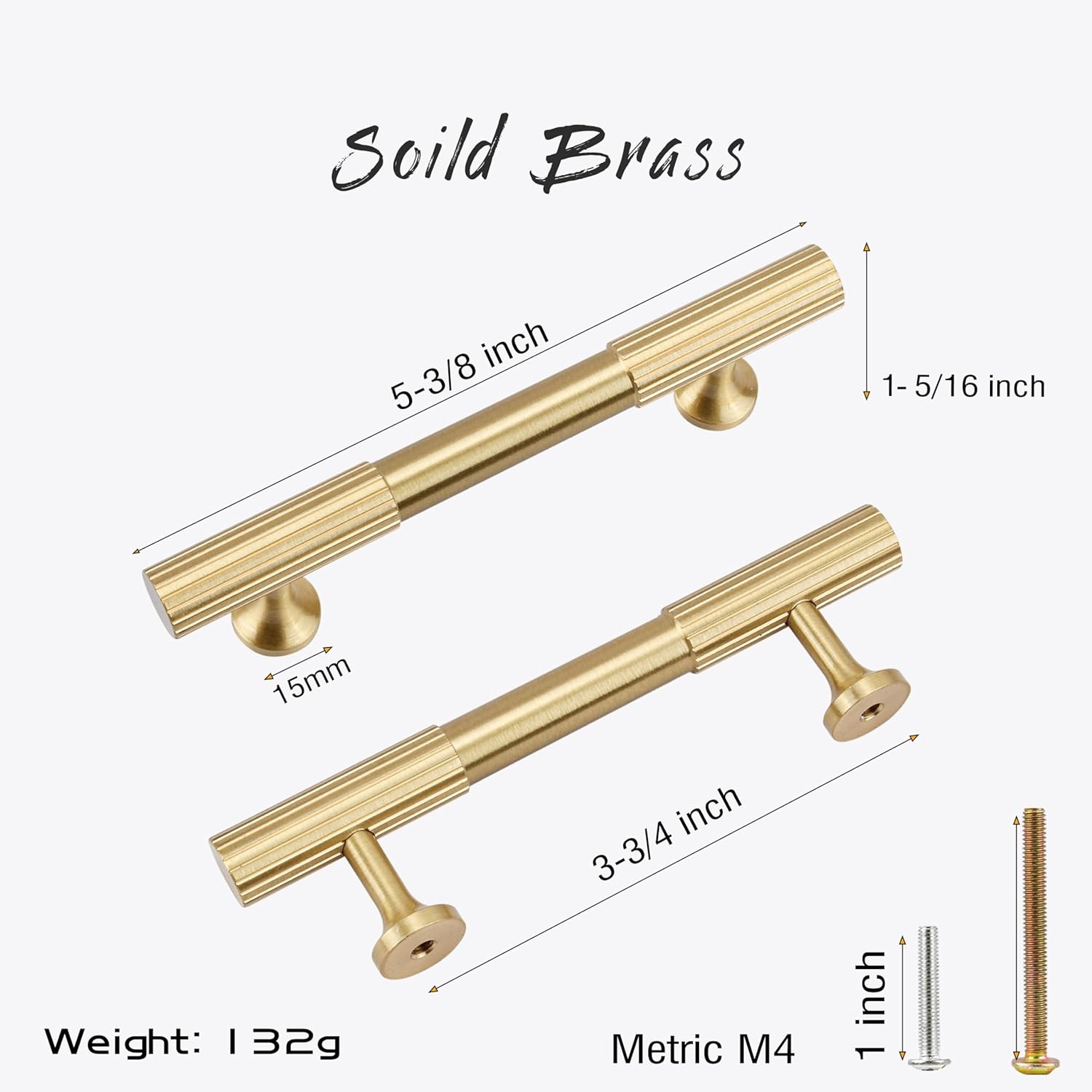 4pcs Solid Brass Gold Cabinet Pulls, 3-3/4-Inch Hole Centers for Kitchen Cupboard Handles Modern Drawer Dresser Pulls Bathroom Brushed Brass Cabinet Pulls Wardrobe Door Handles