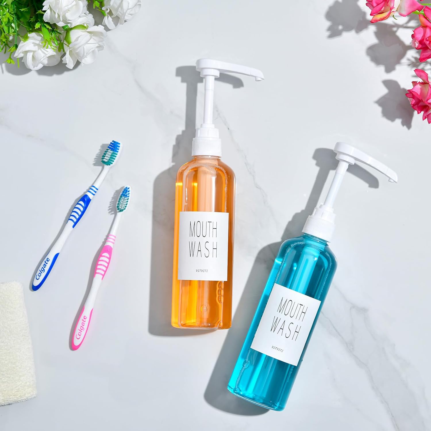 Plastic Mouthwash Dispenser for Bathroom, 17 OZ Pump Mouth Wash Container Bottle with Cup, Clear Refillable Mouthwash Dispenser with Labels