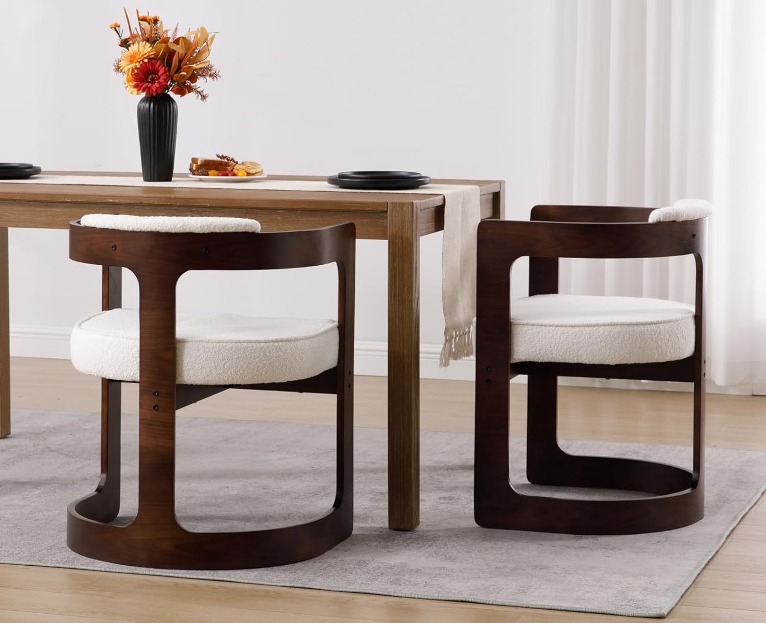 Modern Barrel Dining Chair Linen Upholstered Accent Chair with Arm Comfy Dining Room Chair with Black Wood Frame