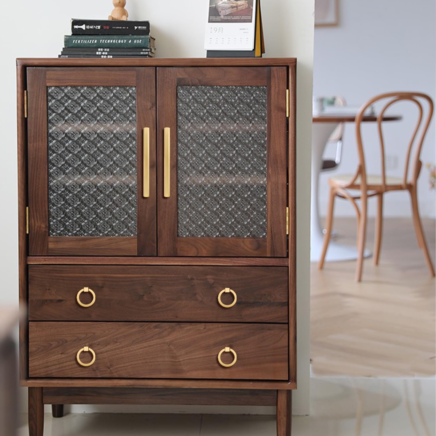 4 Pcs Solid Brass Pull Kitchen Cabinet Handles Brushed Gold Decorative Contemporary Hexagon Bar Cabinet Pulls (Hole Centers:2-1/2"(64mm))