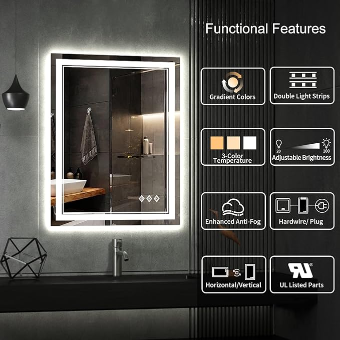 LED Bathroom Mirror, 24x32 Inch Gradient Front and Backlit LED Mirror for Bathroom, 3 Colors Dimmable CRI>90 Double Lights, IP54 Enhanced Anti-Fog, Hanging Plates Lighted Vanity Mirror