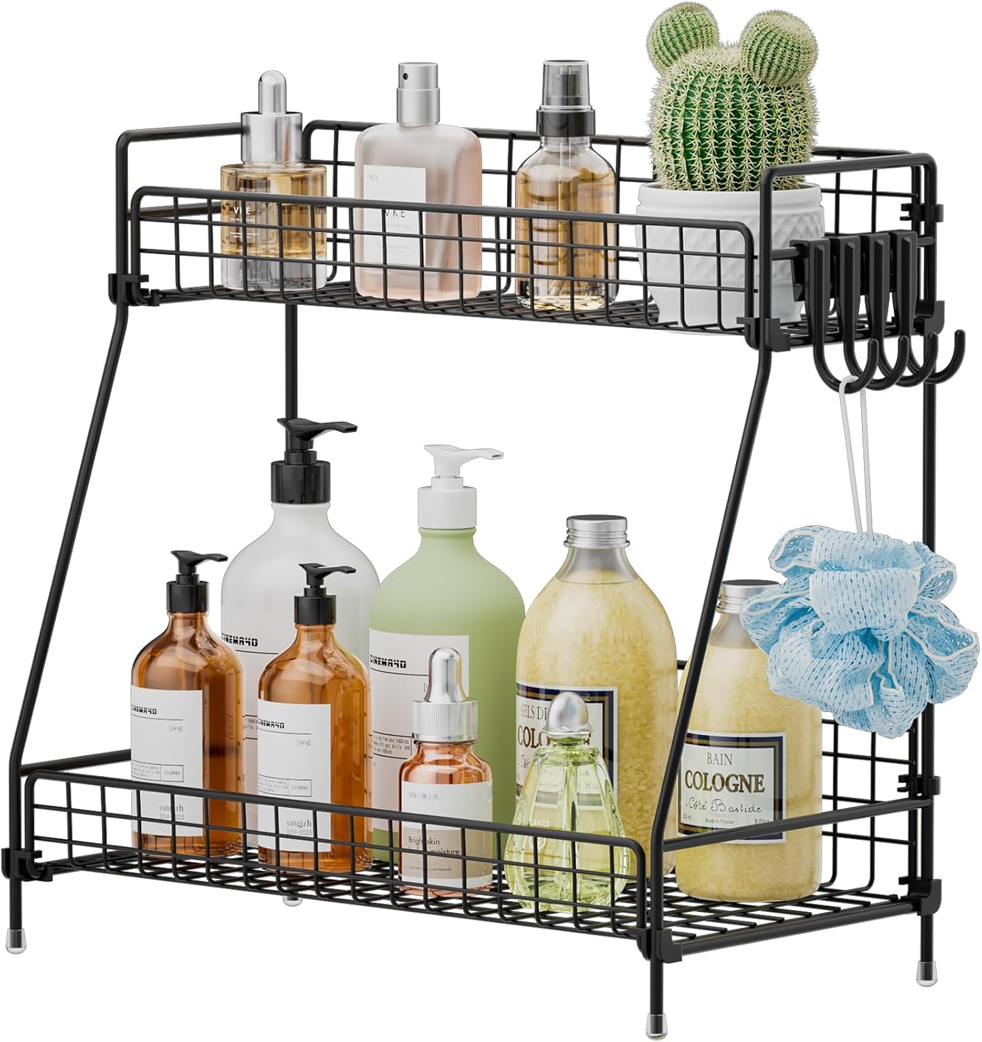 2 Tier Bathroom Organizer Countertop, Metal Wire Bathroom Counter Organizer Storage with Hooks, Vanity Tray Shelf, Kitchen Spice Rack, Black