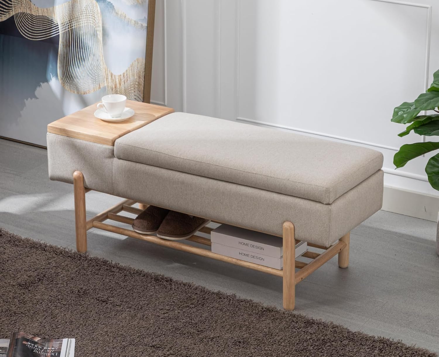 Modern Storage Bench for Bedroom End of Bed Sherpa Upholstered Ottoman Bench with Storage and Wood Shoe Rack Farmhouse Long Seating Bench