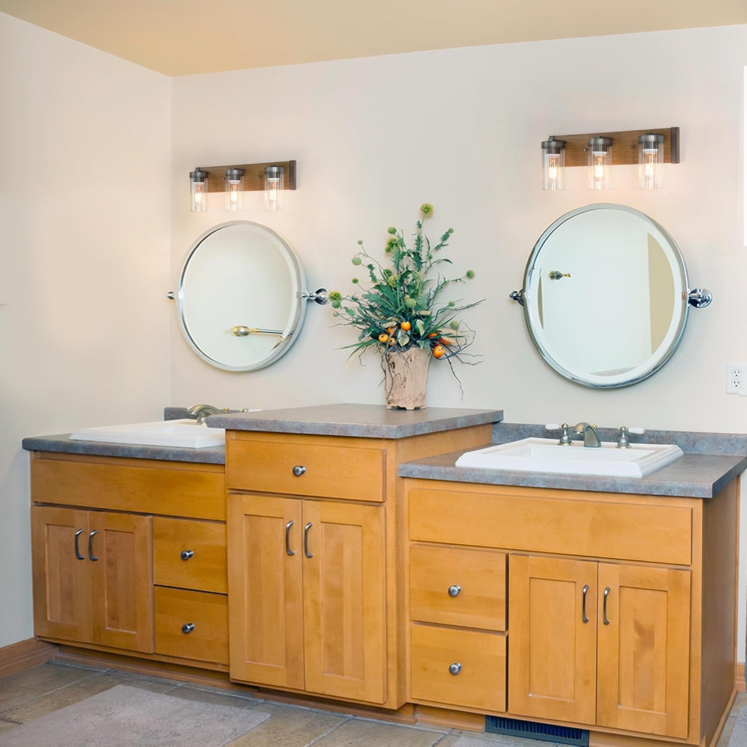 3 Light Farmhouse Vanity Lights for Bathroom with Clear Textured Glass Lampshade