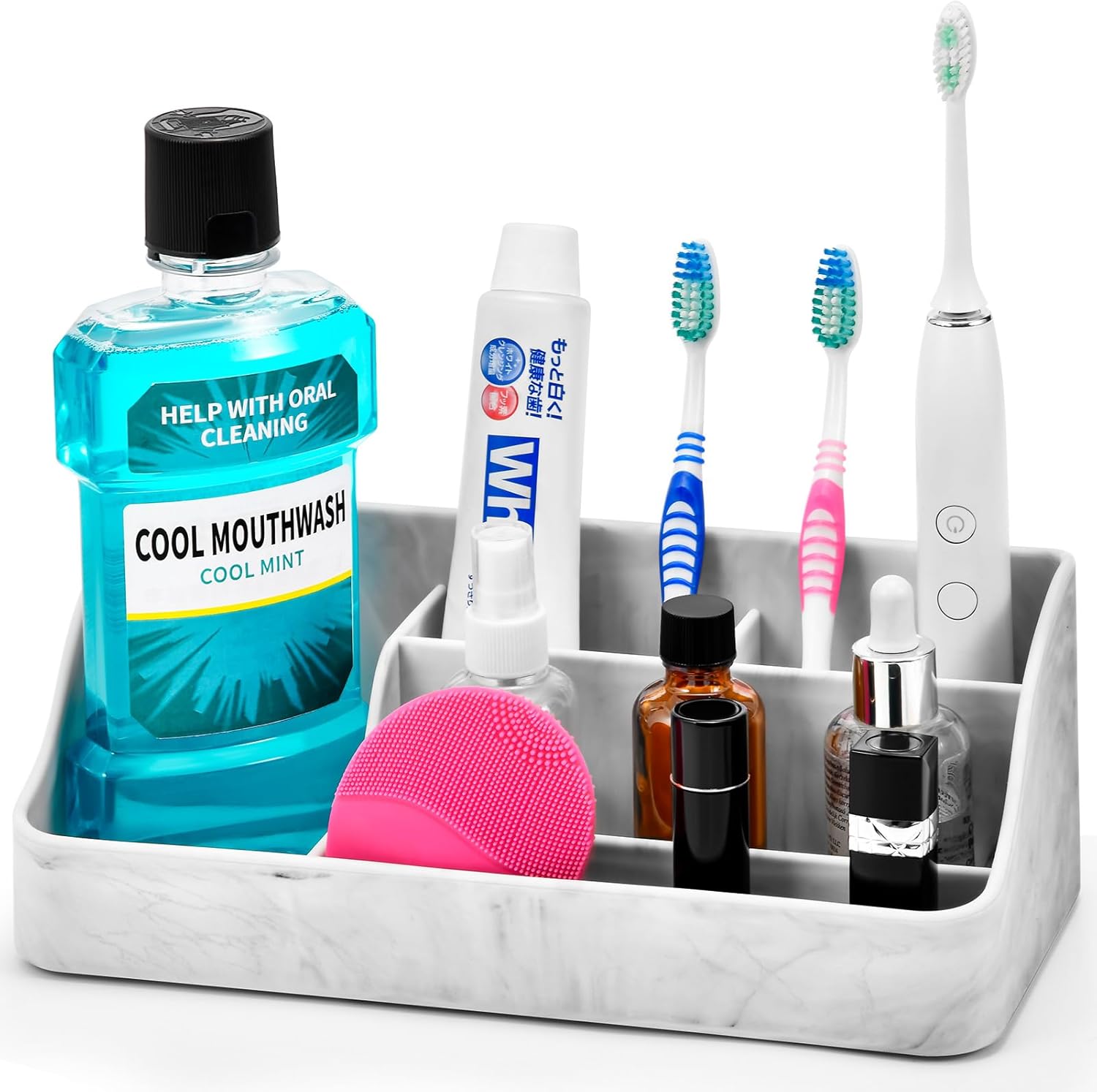 Toothbrush Holder for Bathroom, Bathroom Organizer Countertop, Bathroom Accessories with 5 Compartment Storage for Toothpaste/Vanity Counter