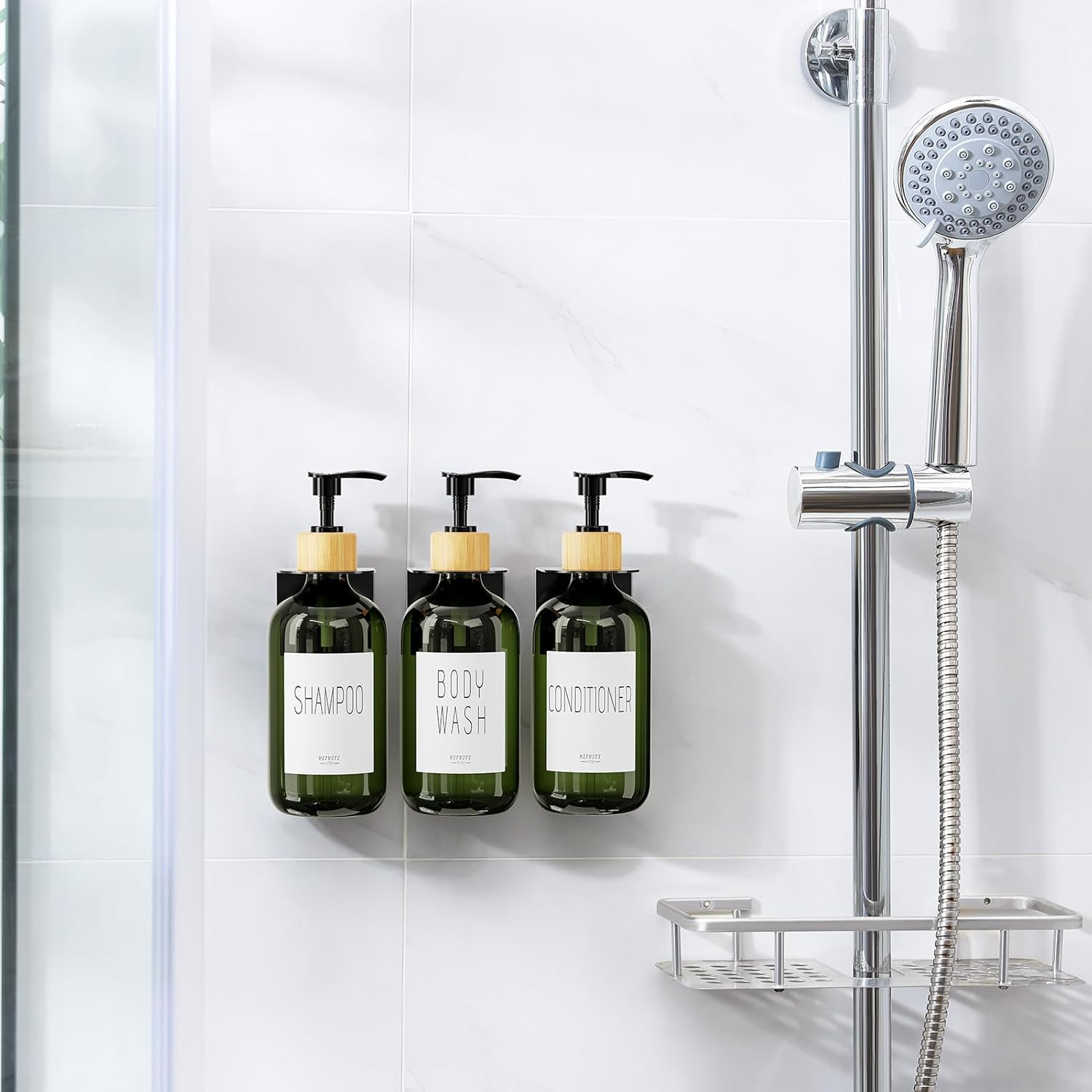 Shampoo and Conditioner Dispenser, Body Wash Shower Soap Dispenser Wall Mounted 3 Chamber, Drill Free 17oz Plastic Shower Bottles for Bathroom, Dark Green 3 Sets