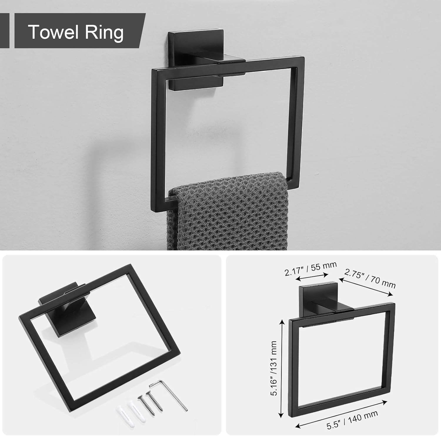 Towel Holder & Toilet Paper Holder Black, Bathroom Hardware Set, Stainless Steel Hand Towel Ring Bar, Wall Mounted Towel Hanger Tissue Roll Holder for Kitchen Lavatory 2 Pcs