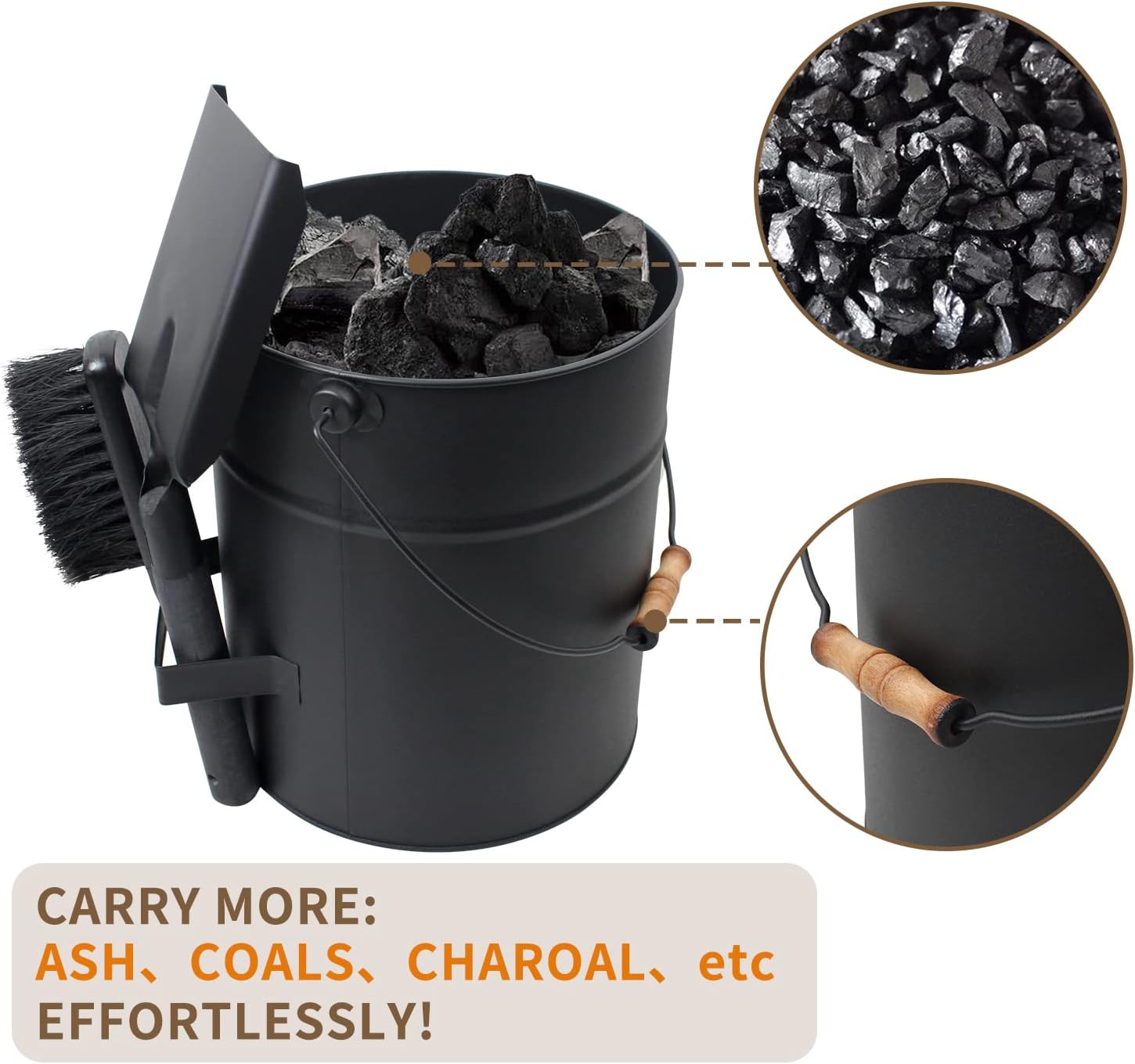 Ash Bucket with Lid and Shovel, 4 Gallon Fireplace Bucket for Ashes, Metal Bucket Includes Hand Broom and Gloves
