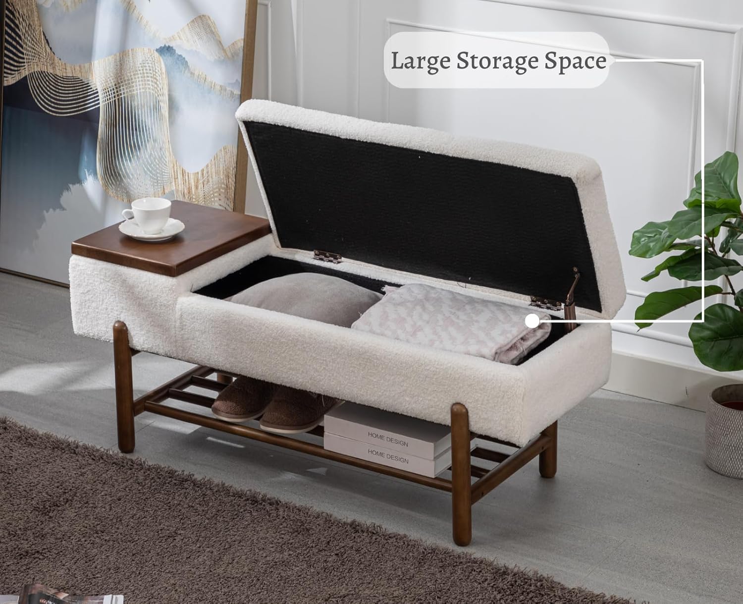 Modern Storage Bench for Bedroom End of Bed Sherpa Upholstered Ottoman Bench with Storage and Wood Shoe Rack Farmhouse Long Seating Bench