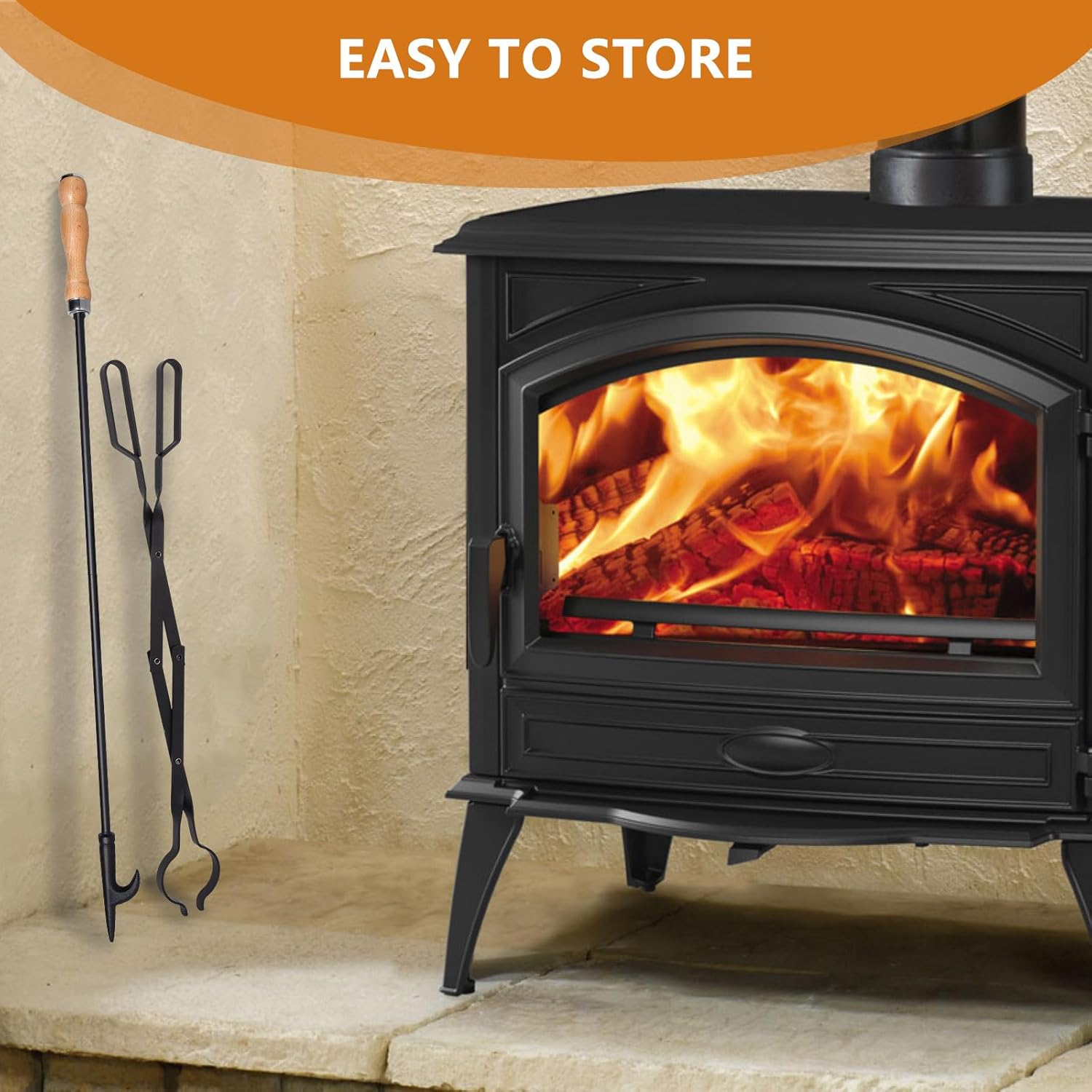 Heavy Duty 32” Long Fireplace Fire Pit Campfire Poker Stick and 26” Fireplace Tongs Tool Sets, Log Grabber