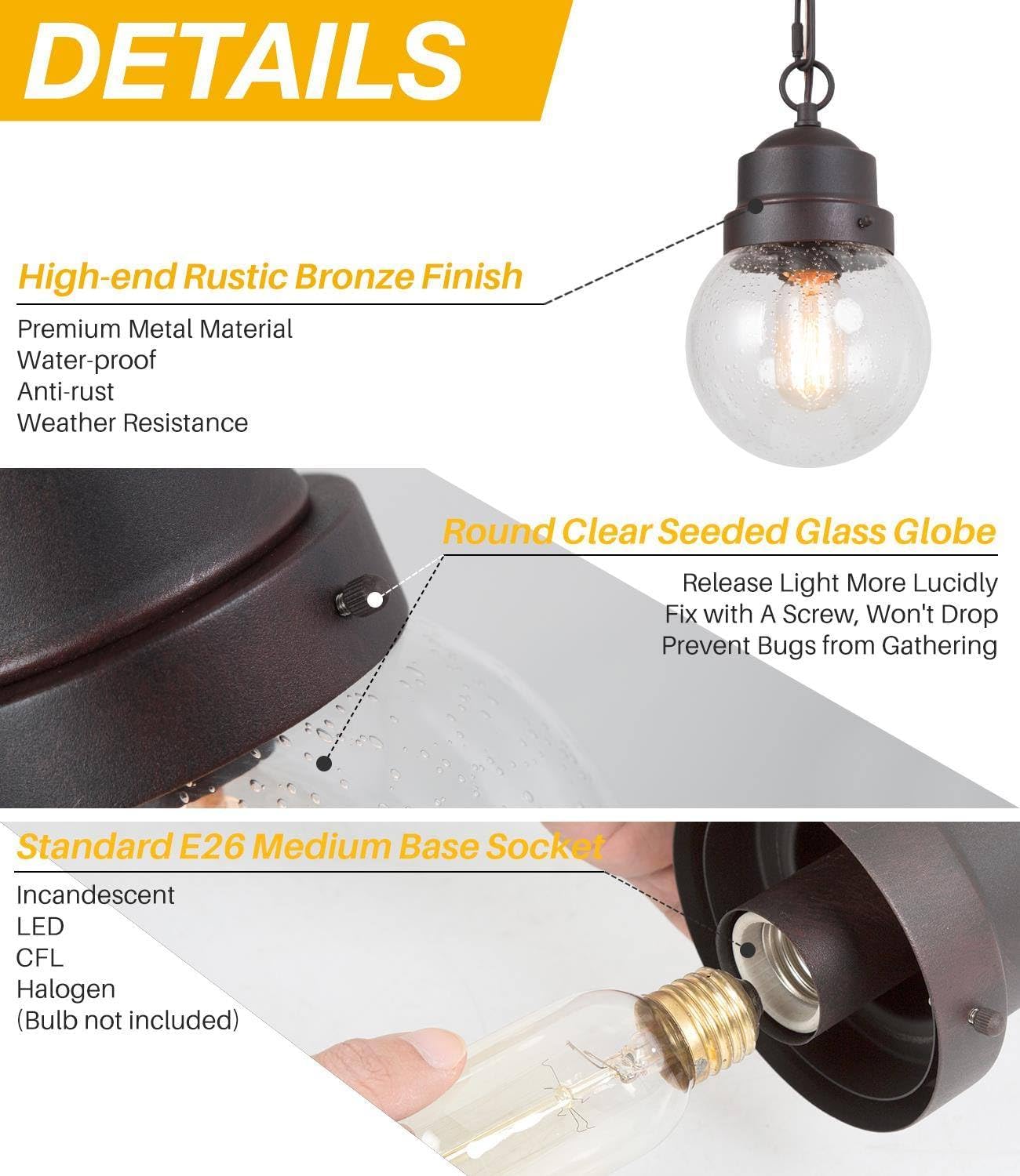 Farmhouse Exterior Lights with Adjustable Chain, Anti-Rust Outdoor Light with Seeded Glass, Hanging Light for Front Door