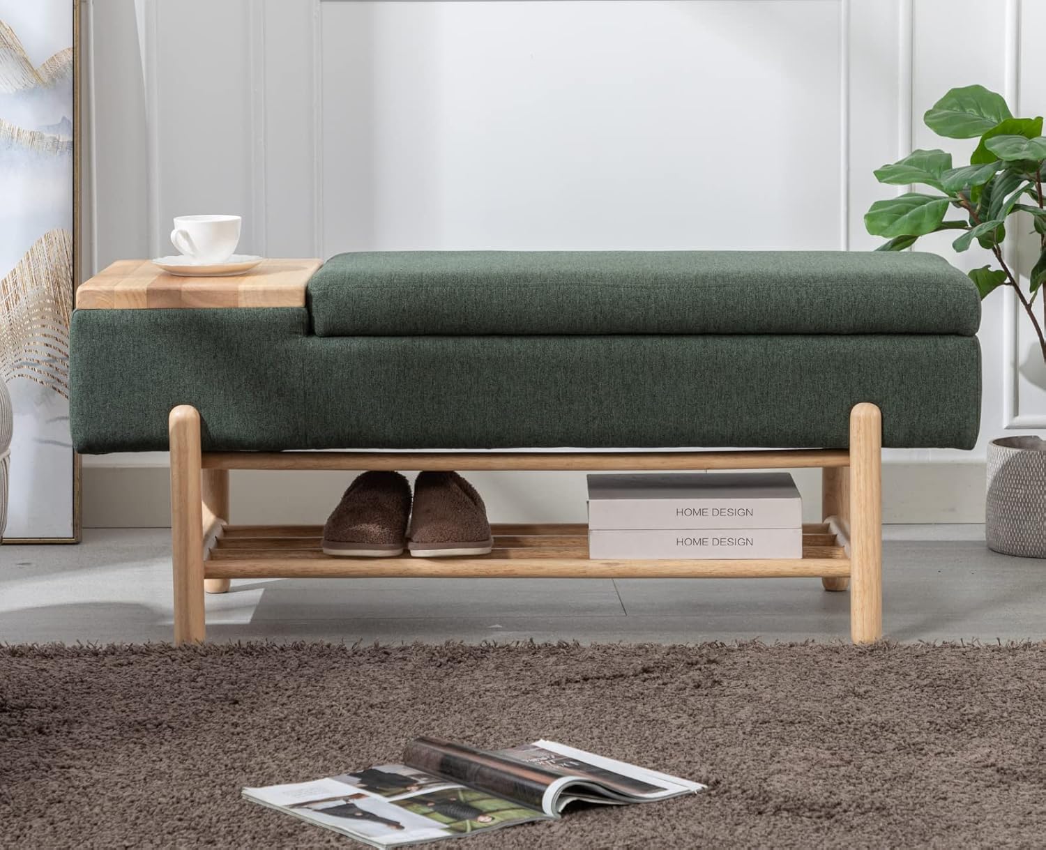 Modern Storage Bench for Bedroom End of Bed Sherpa Upholstered Ottoman Bench with Storage and Wood Shoe Rack Farmhouse Long Seating Bench