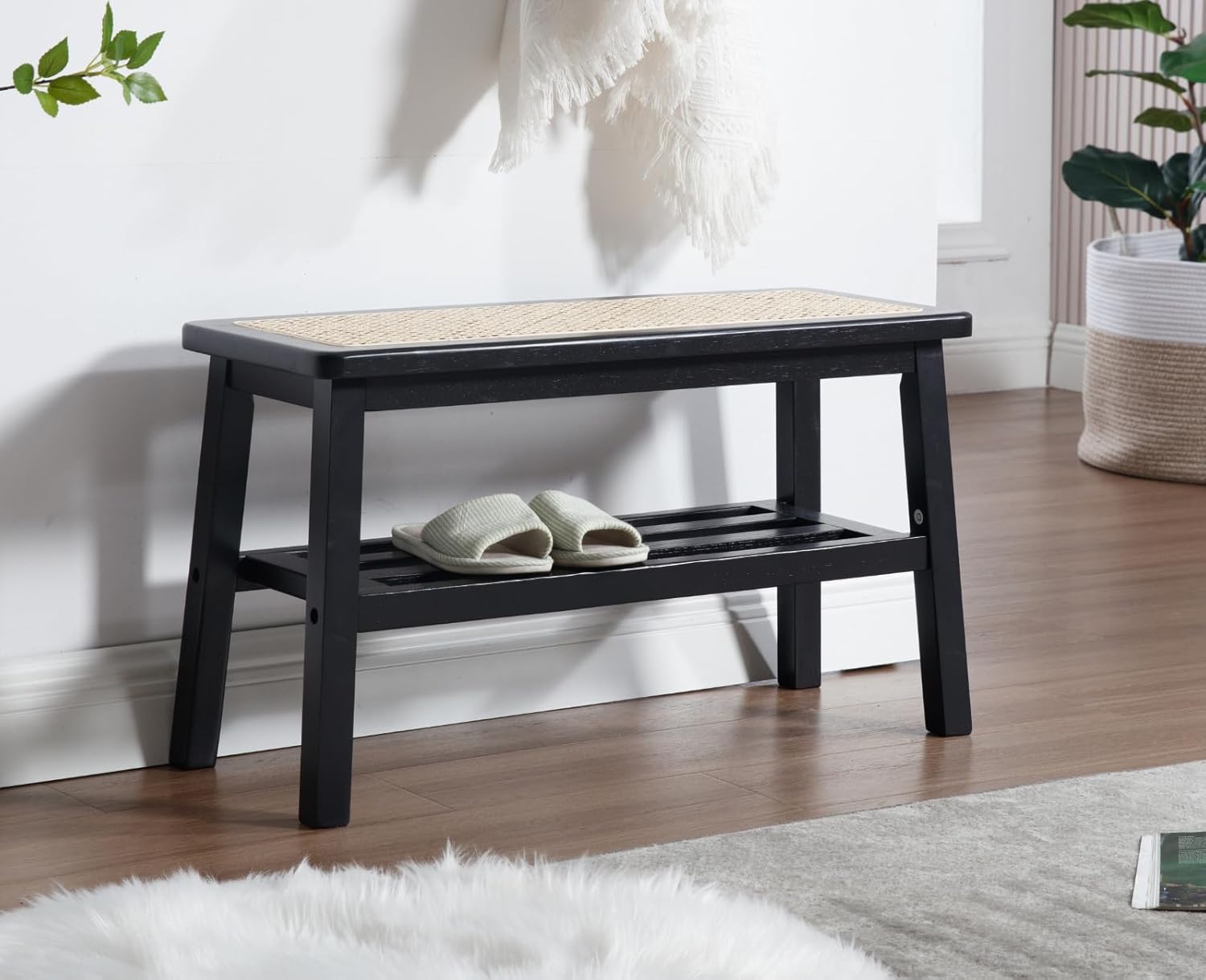 Rattan Entryway Bench with Storage Wood Shoe Rack Bench Farmhouse 2 Tier Storage Shoe Bench Mid Century Small Window Bench with Cane Seat