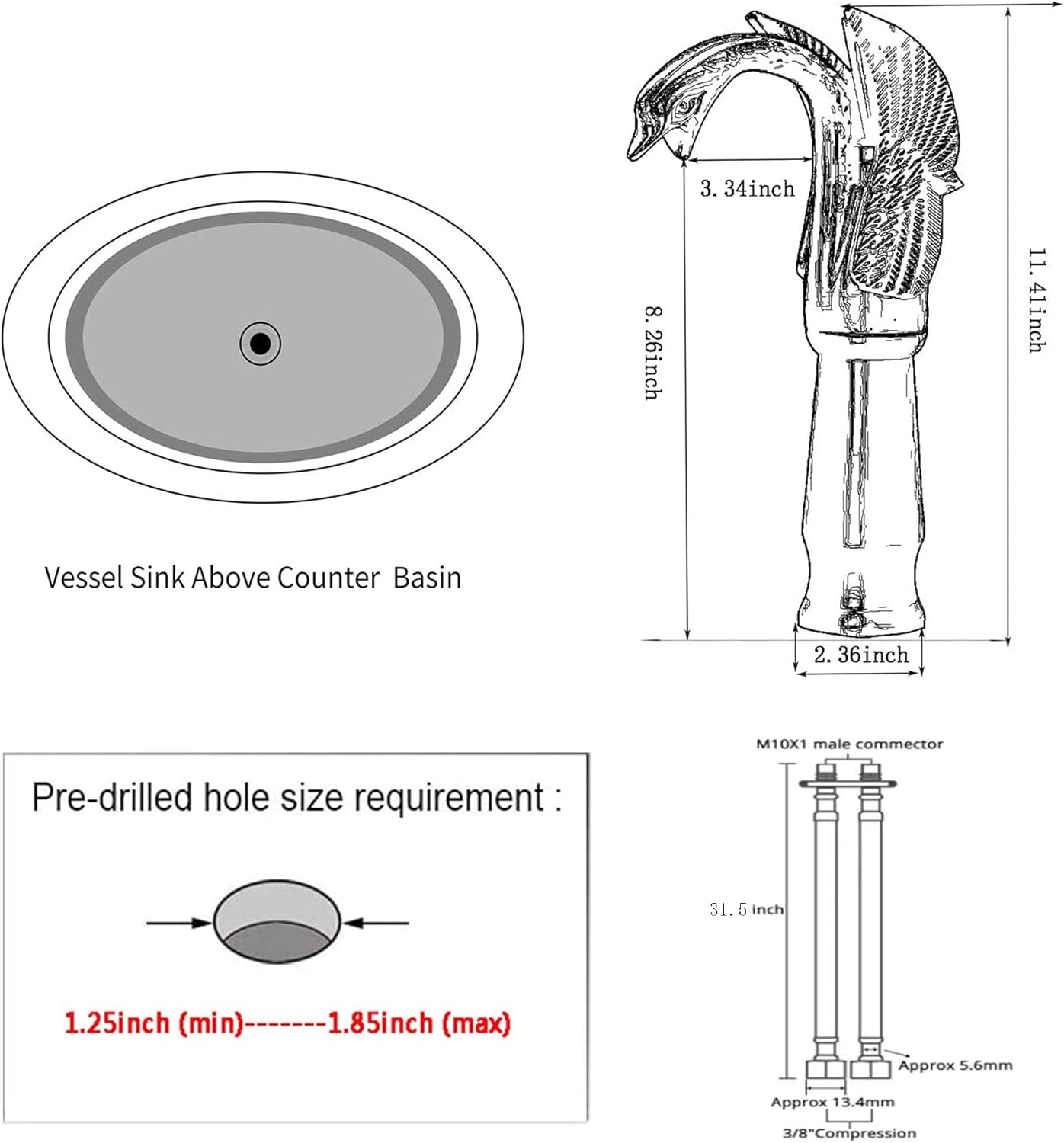 Bathroom Vessel Sink Faucet Gold Swan Single Handle One Hole Tall Bathroom Faucet for Bowl Sink Faucet Deck Mount Lavatory Sink Faucet
