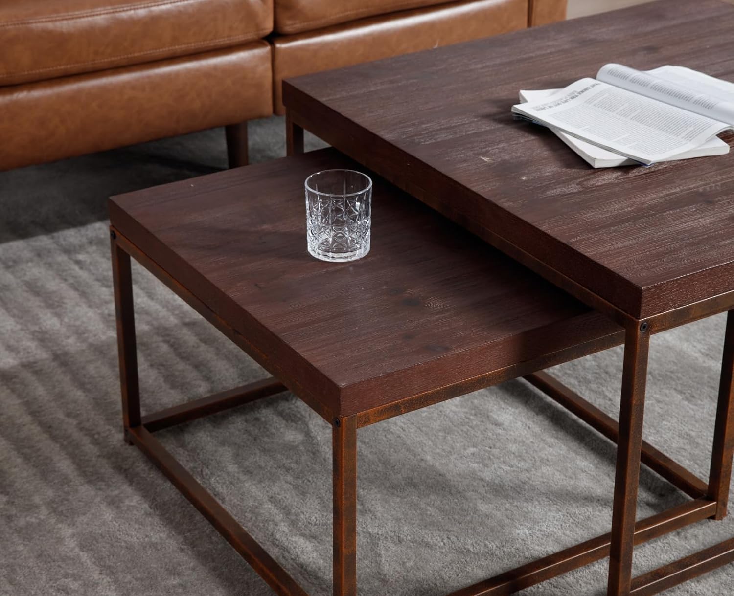 Nesting Coffe Table Set of 2 Industrial Square End Table Modern Stacking Side Tables with Wooden Tabletop and Metal Base Living Room Accent Tables