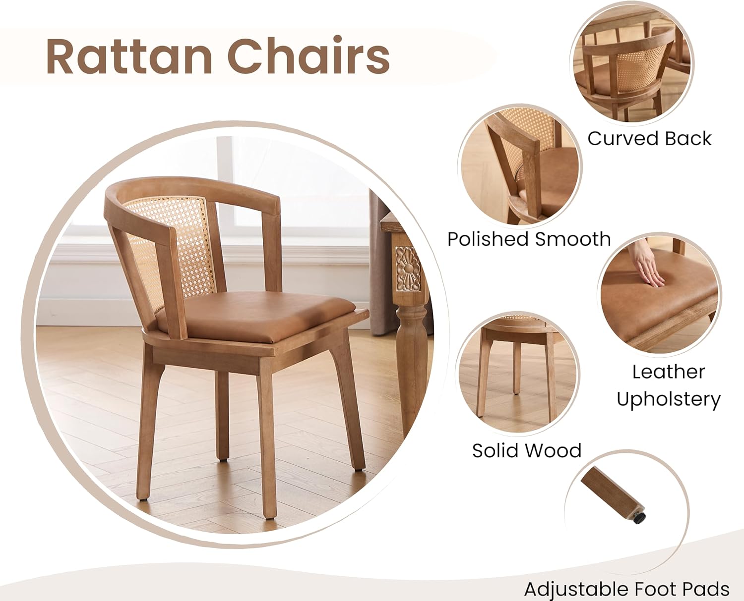 Modern Farmhouse Wooden Dining Room Chairs with Cane Curved Back Leather Upholstered Comfortable Kitchen Side Chairs for Restaurant