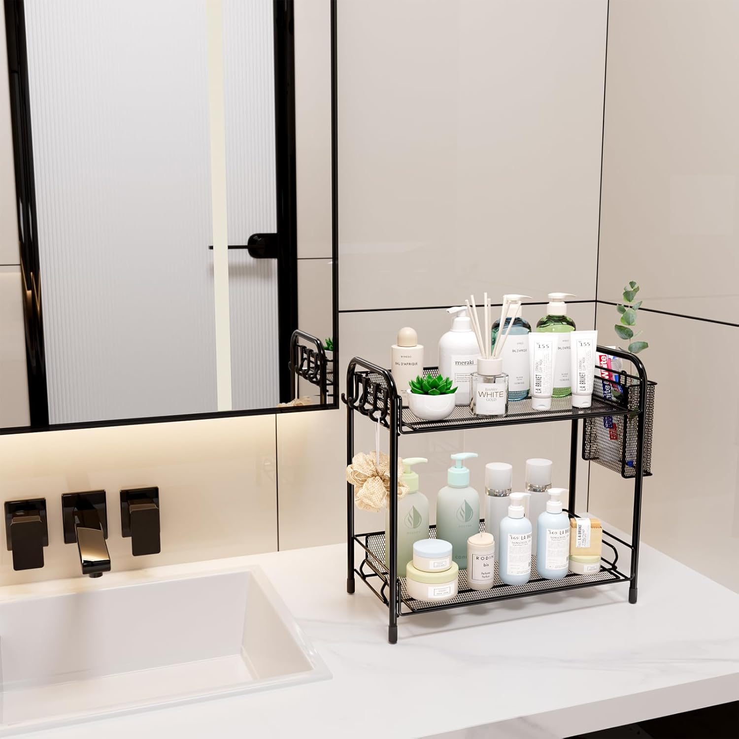 Mesh Bathroom Organizer Countertop, 2-Tier Metal Bathroom Counter Organizer and Storage, Vanity Organizer Sink Shelf Kitchen Spice Rack with Basket and Hooks, Black