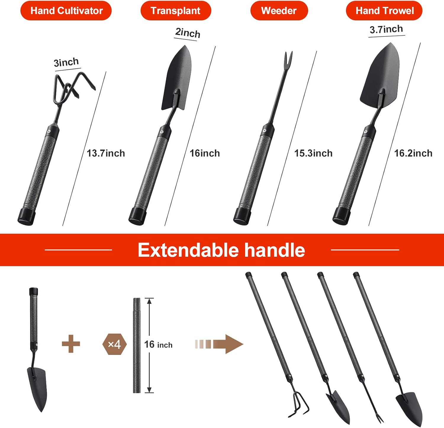 Garden Tools Set with Extension Handles, 5 Piece Thick Gardening Hand Tools, Heavy Duty Steel Rust-Proof Weeding Planting Tool