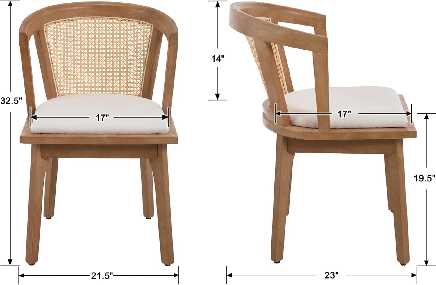 Modern Farmhouse Wooden Dining Room Chairs with Cane Curved Back Leather Upholstered Comfortable Kitchen Side Chairs for Restaurant